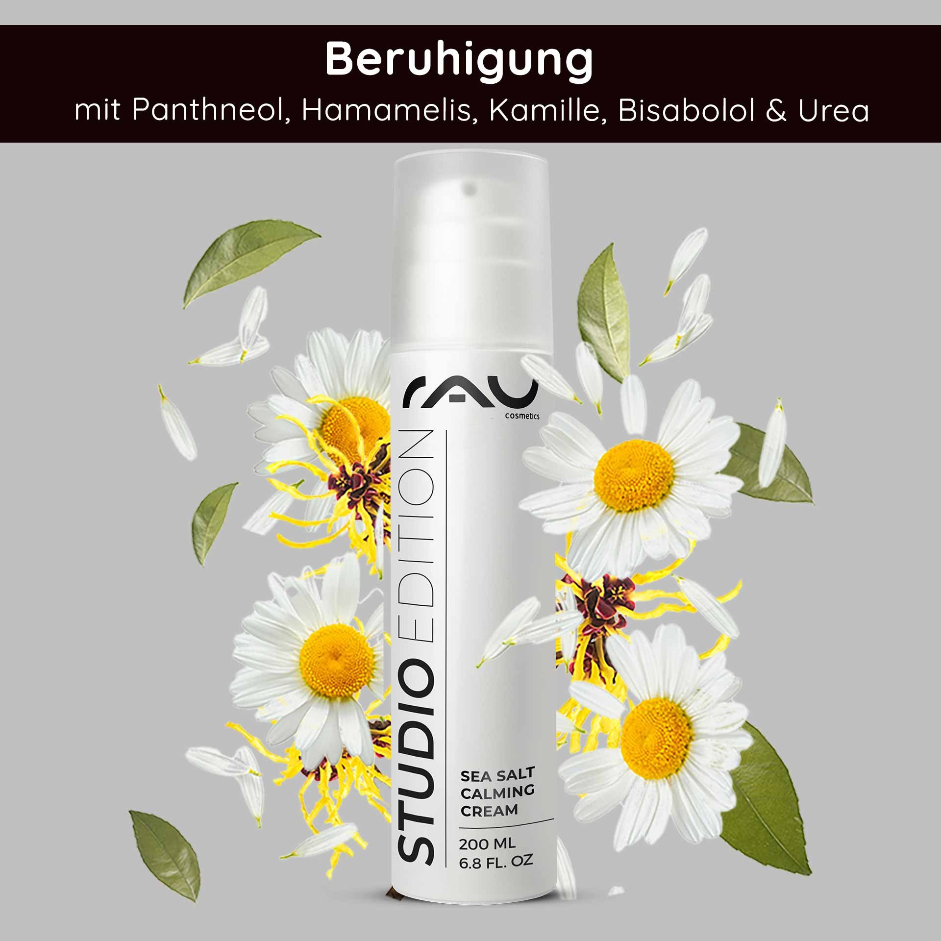 RAU Cosmetics Sea Salt Calming Cream 200 ml with soothing ingredients like panthenol, witch hazel, and chamomile, surrounded by floral elements highlighting its benefits for dry and sensitive skin.