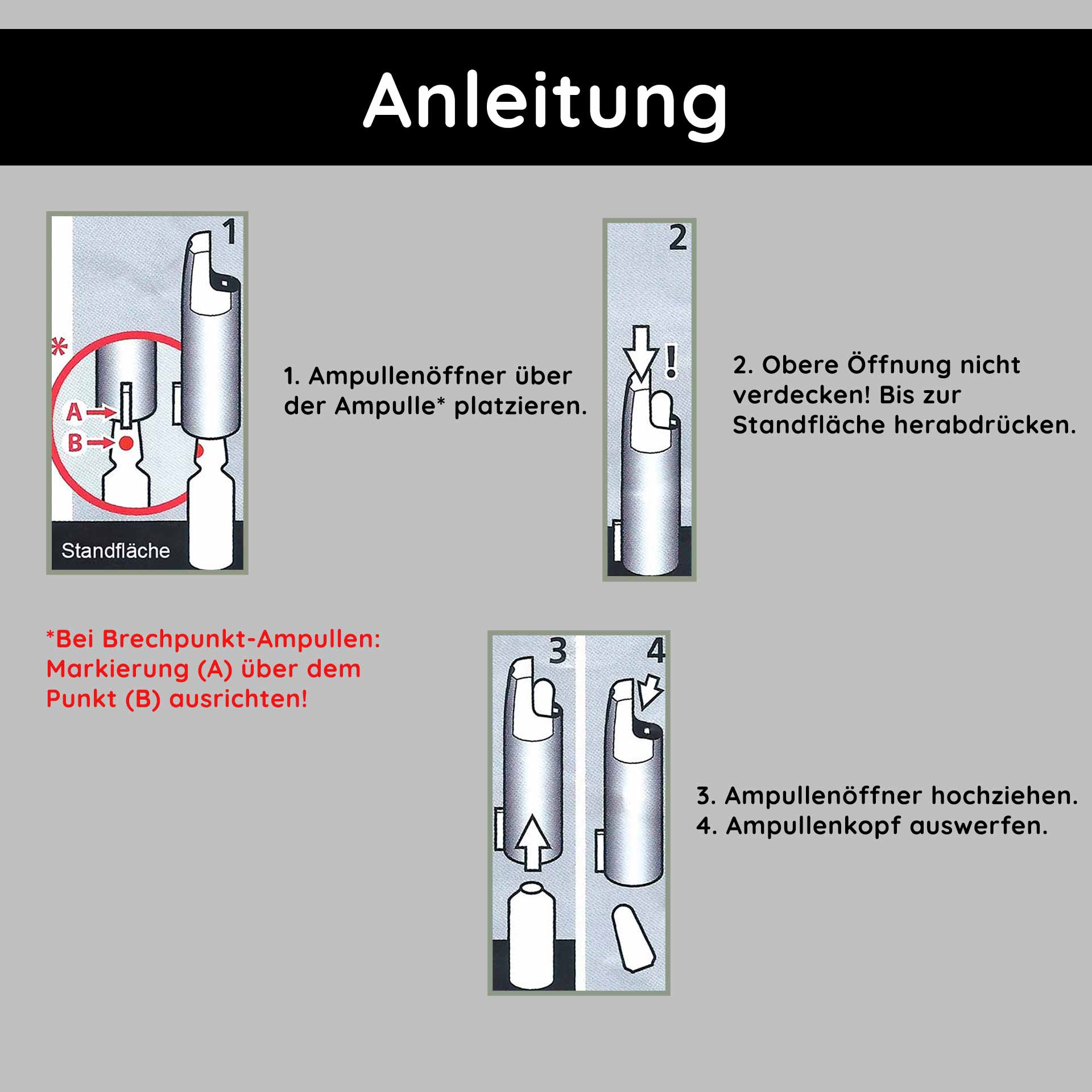 Ampoule opener for 2 ml emetic ampoules Ampullenöffner für 2 ml Glasampullen, Anleitung zur sicheren Anwendung, robuster Kunststoff, einfache Handhabung, minimiertes Verletzungsrisiko, Schritt-für-Schritt-Anleitung zur Öffnung von Ampullen.