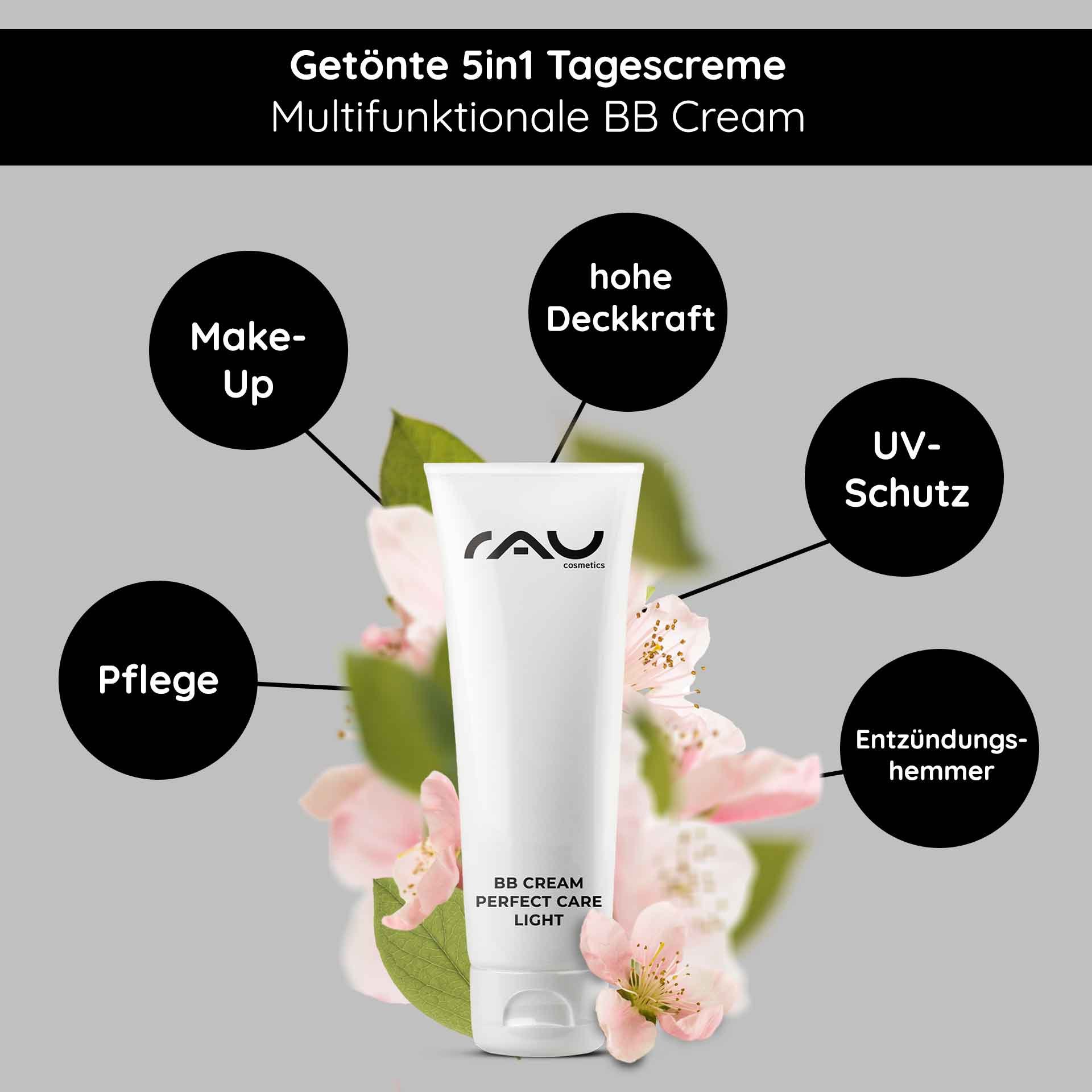 RAU BB Cream Perfect Care Leichte Tube mit floralem Hintergrund, die multifunktionale Vorteile hervorhebt: hohe Deckkraft, UV-Schutz, Hautpflege und entzündungshemmende Eigenschaften.