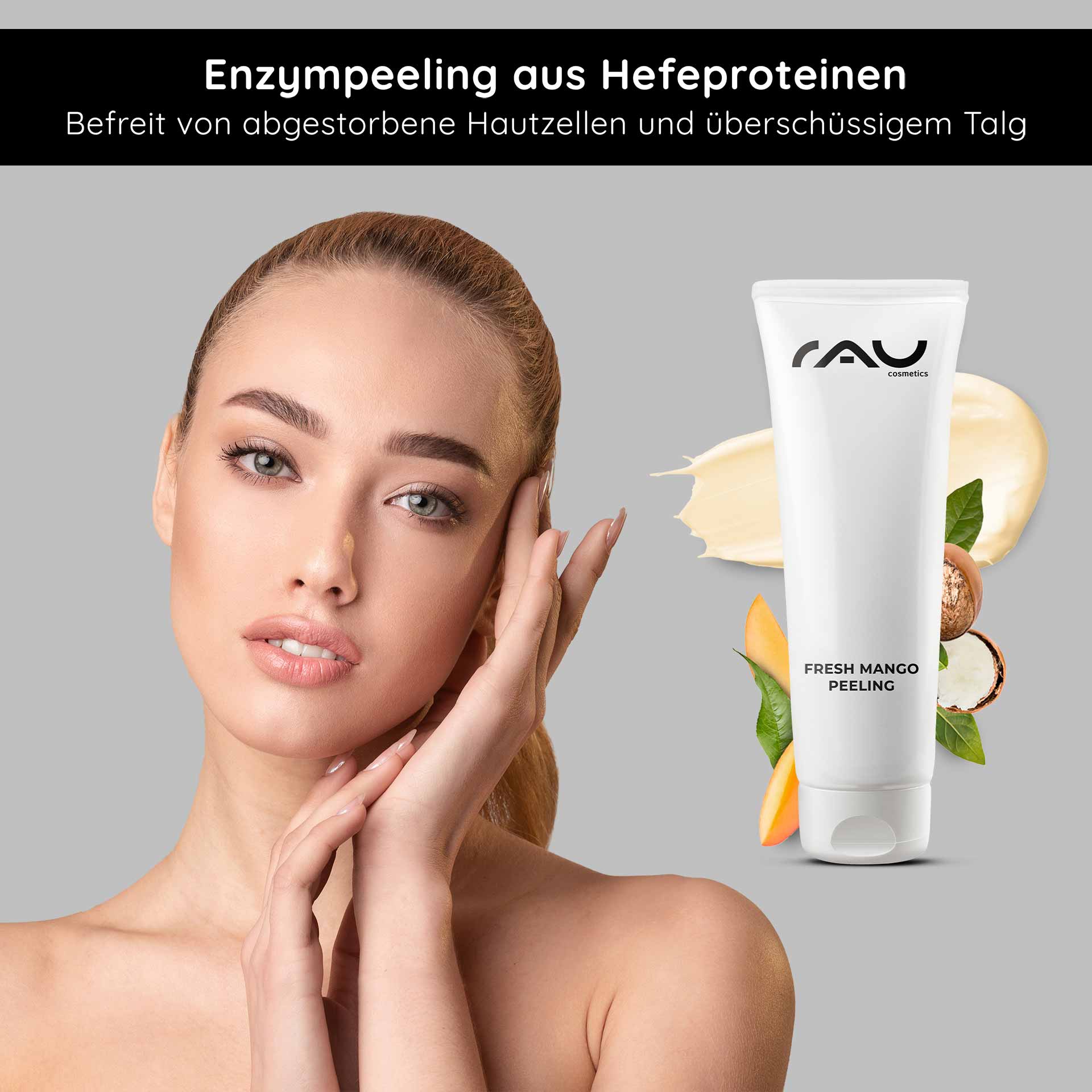 Fresh Mango Peeling 75 ml enzyme peeling with mango scent Frau mit sanfter Hautpflege-Routine und RAU Cosmetics Fresh Mango Peeling, das abgestorbene Hautzellen entfernt und die Haut reinigt.