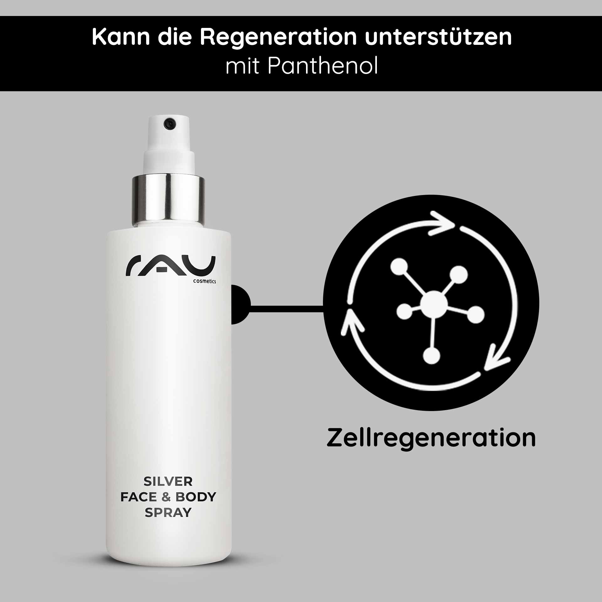 Silver Face & Body Spray 200 ml with Panthenol & Microsilver RAU Cosmetics Silver Face & Body Spray-Flasche mit Panthenol, fördert die Hautregeneration und hat beruhigende Eigenschaften, ideal für Hautpflegelösungen.