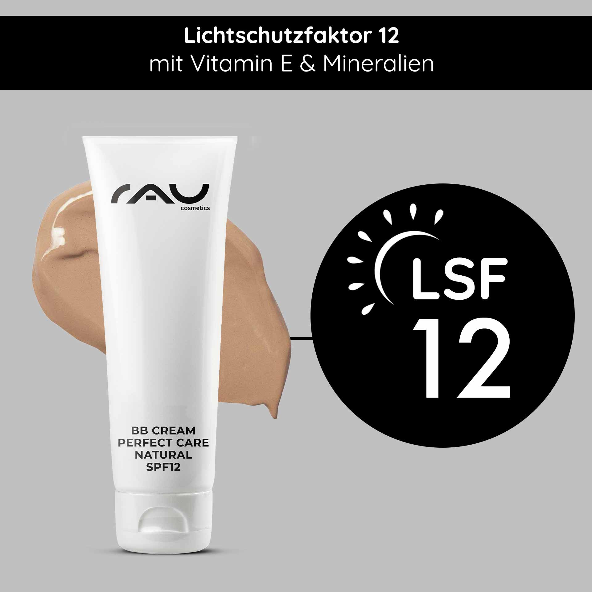 RAU Cosmetics BB Cream Perfect Care Natürliche Verpackung mit LSF 12, mit einem Crememuster, das die Vorteile für Hautpflege und Make-up hervorhebt.
