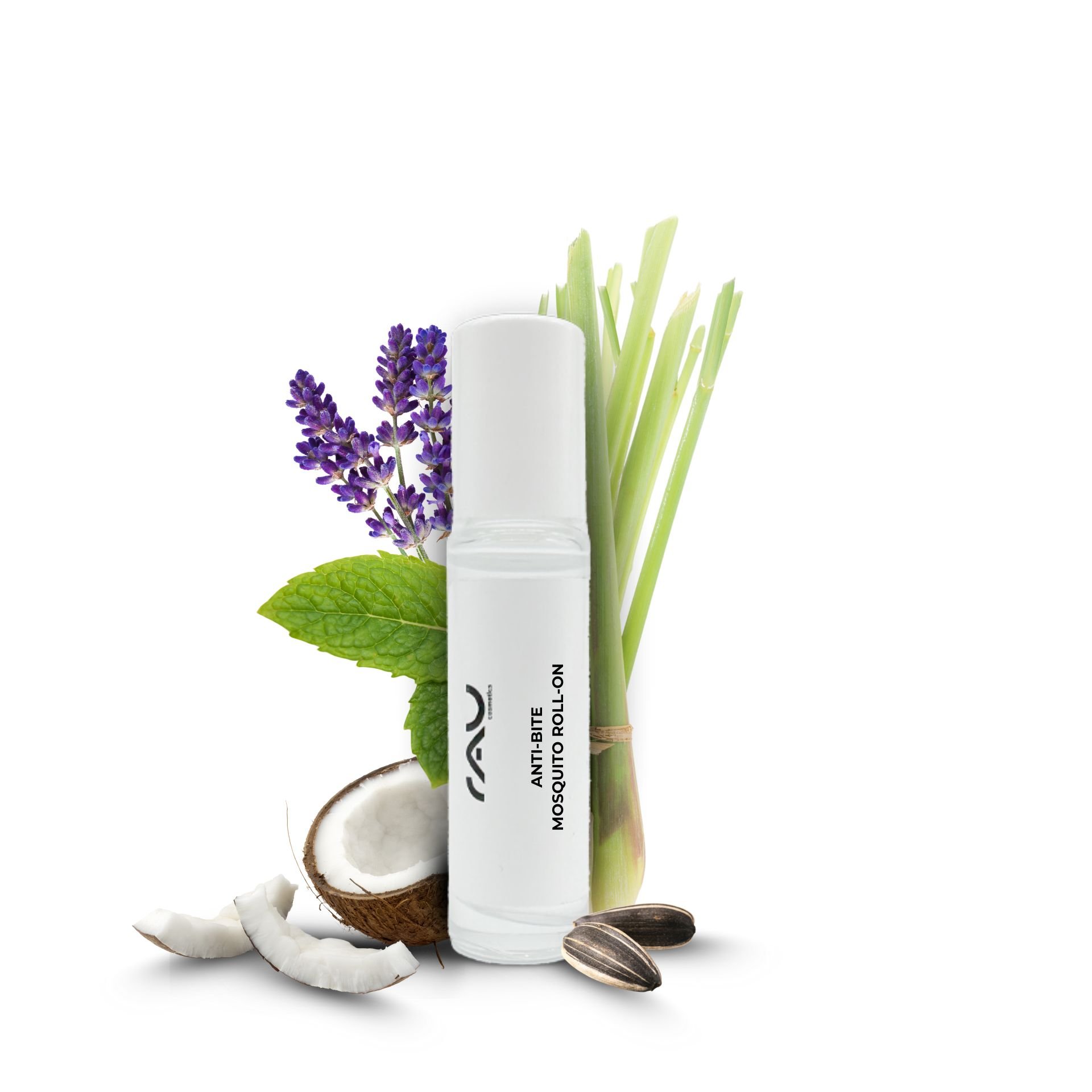 RAU Cosmetics Anti-Bite Mosquito Roll-On 10 ml with natural ingredients like lemongrass, lavender, and mint, surrounded by coconut and sunflower seeds, for insect bite relief and skincare.