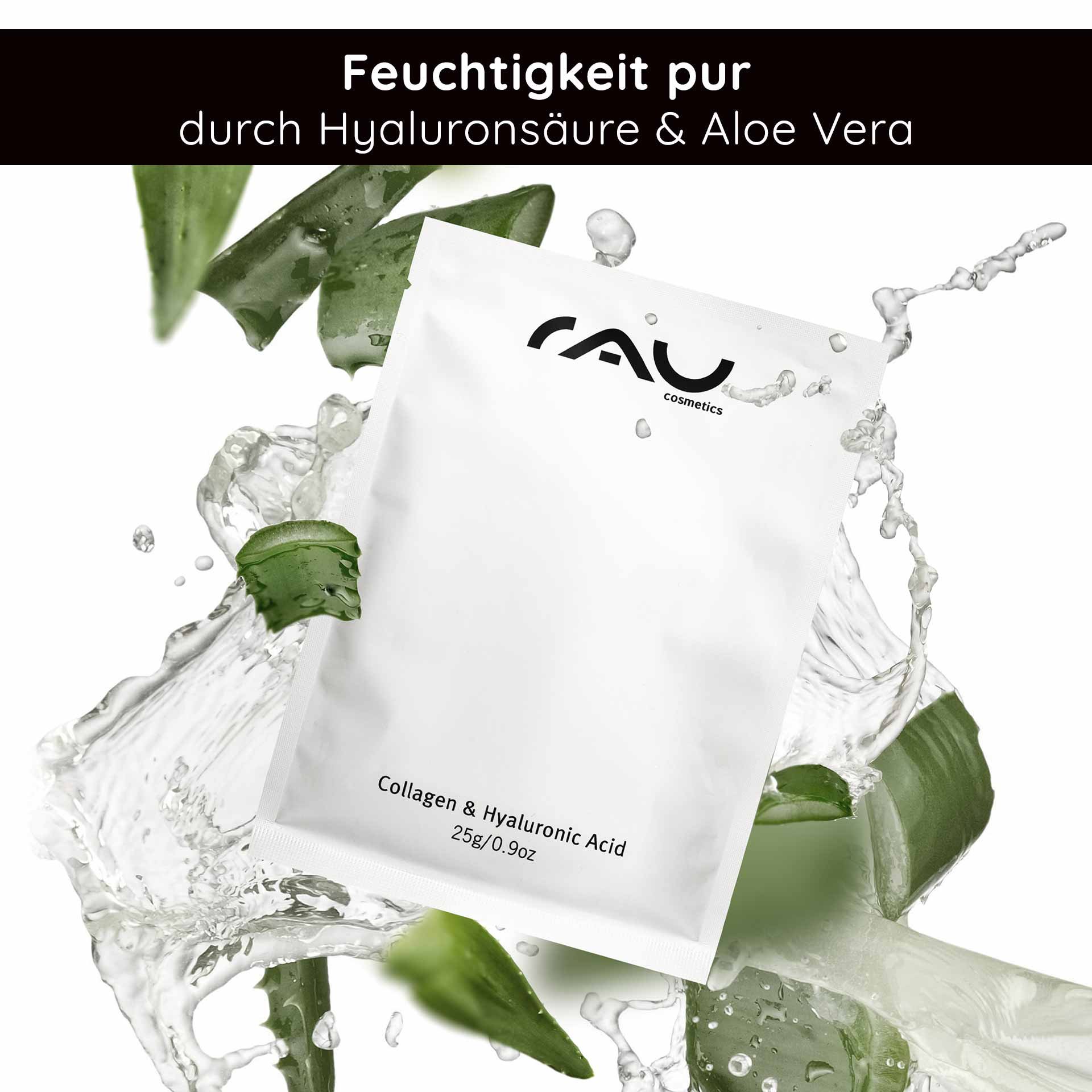 Packaging of the Collagen and Hyaluronic Acid Mask with RAU Cosmetics logo, surrounded by aloe vera leaves and water splashes, emphasizing intensive hydration and anti-aging benefits.