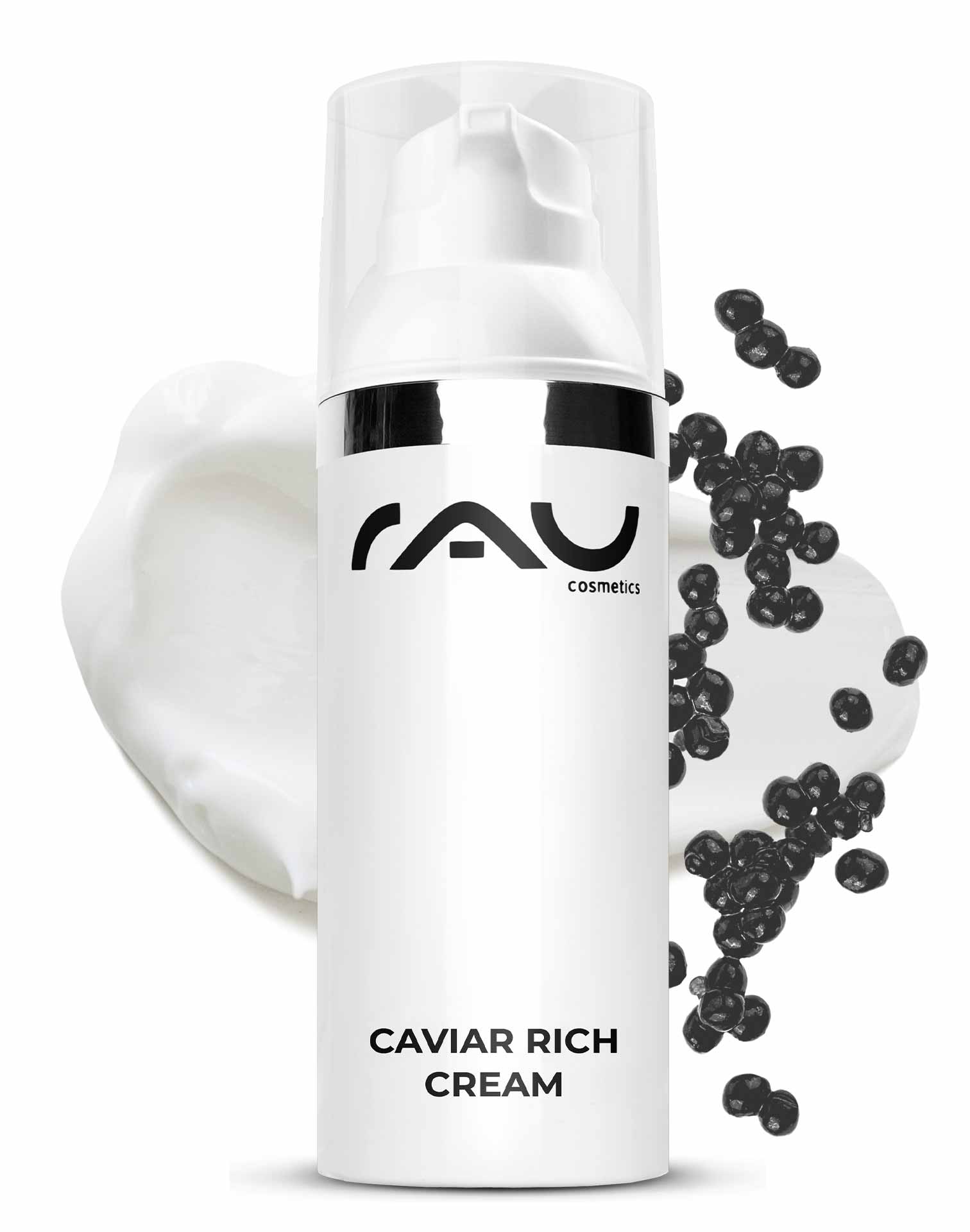 Crema rica de caviar 50 ml Crema rica antiedad Verpackung der RAU Cosmetics Caviar Rich Cream mit Kaviarperlen und Cremetextur, die Anti-Aging-Eigenschaften für trockene und reife Haut hervorhebt.