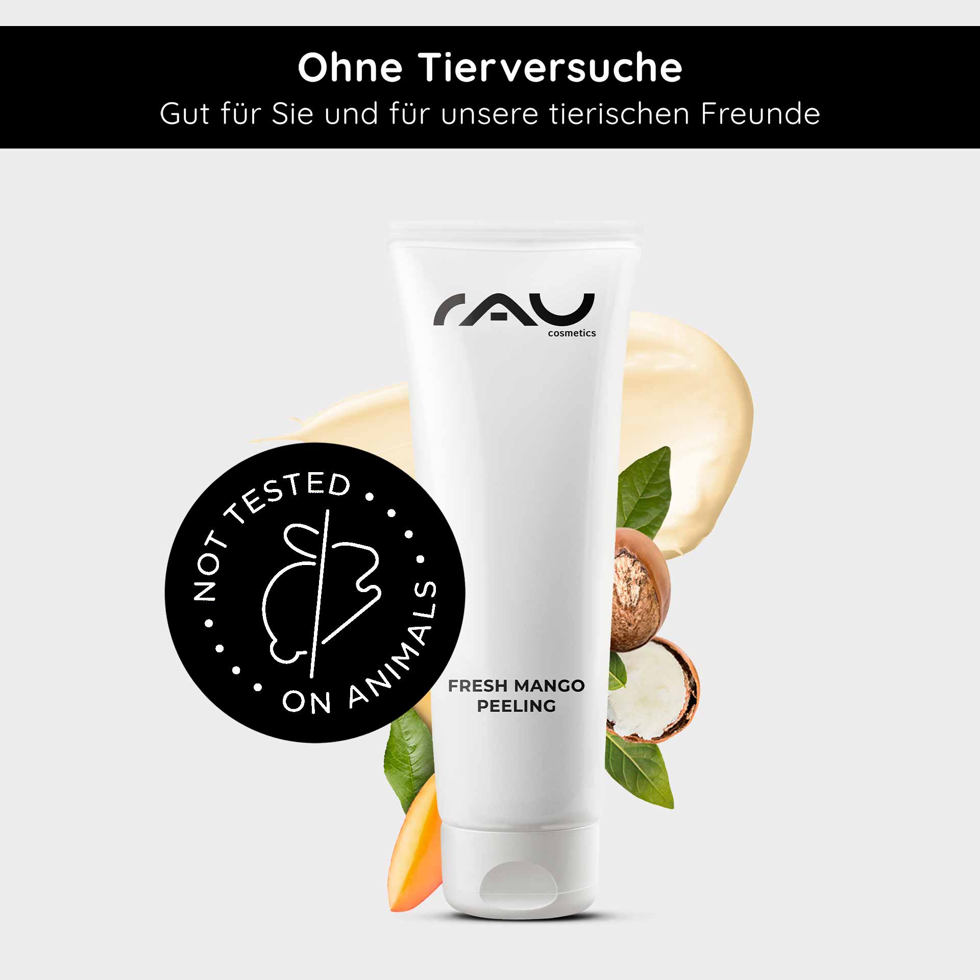Fresh Mango Peeling 75 ml enzyme peeling with mango scent RAU Cosmetics Fresh Mango Peeling-Tube mit dem Etikett „Nicht an Tieren getestet“, umgeben von Mango- und Sheabutter-Elementen, die ein sanftes Hautpeeling betonen.