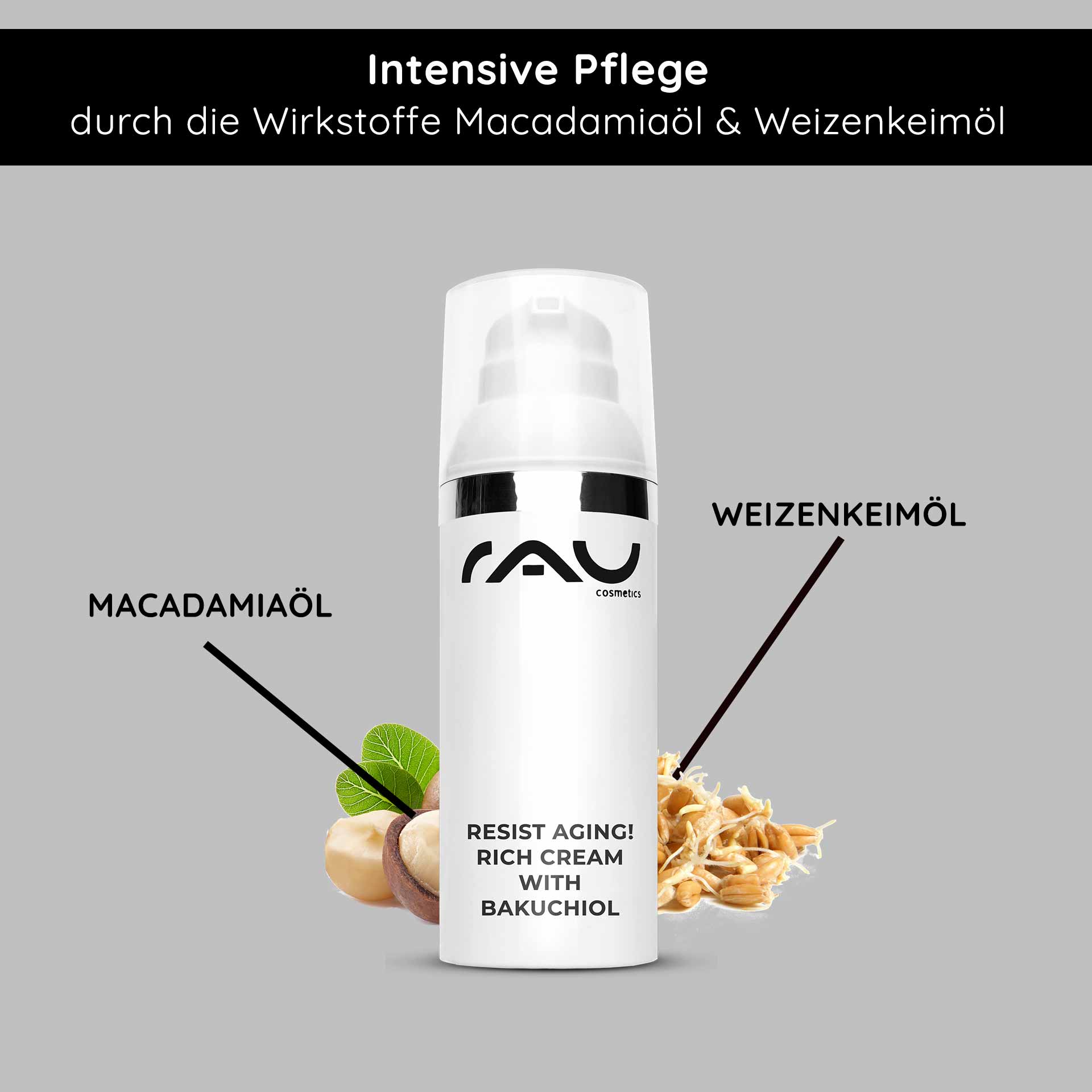 Resist aging! Rich Cream with Bakuchiol 50 ml Night Cream RAU Cosmetics Resist Aging Rich Cream mit Bakuchiol, mit Macadamiaöl und Weizenkeimöl, legt Wert auf intensive Hautpflege für reife Haut.