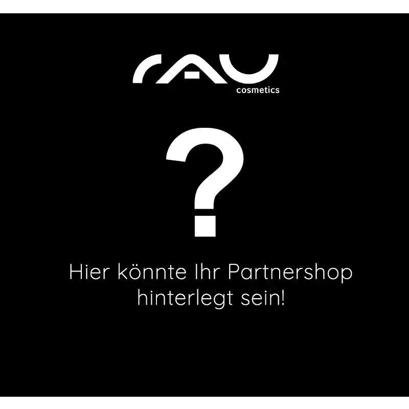 RAU_Cosmetics-Partnershops RAU Cosmetics-Logo mit Fragezeichen, das potenzielle Partnershop-Standorte für die Produktverfügbarkeit anzeigt.