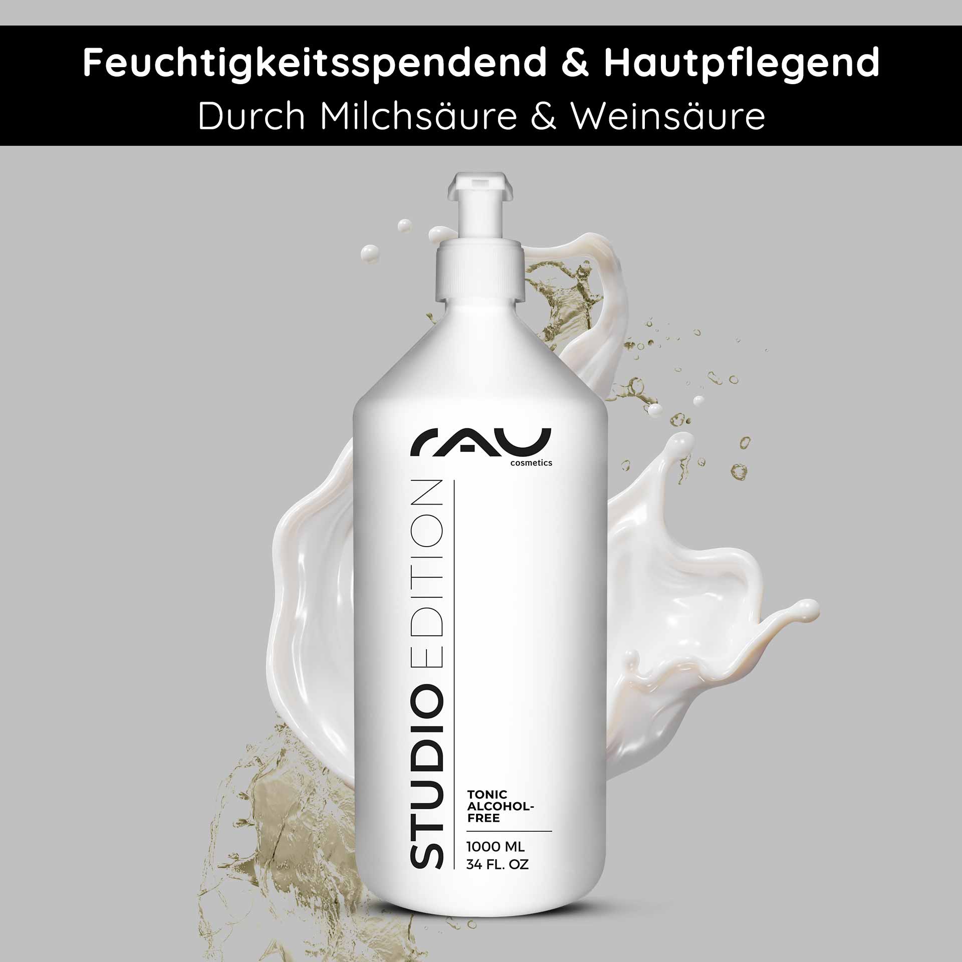 Tónico sin alcohol 1000 ml con extracto de ortiga Alkoholfreies Tonic-Flasche mit Brennnesselextrakt von RAU Cosmetics, 1000 ml, Aufschrift „STUDIO EDITION“, mit Betonung der feuchtigkeitsspendenden und hautpflegenden Wirkung.