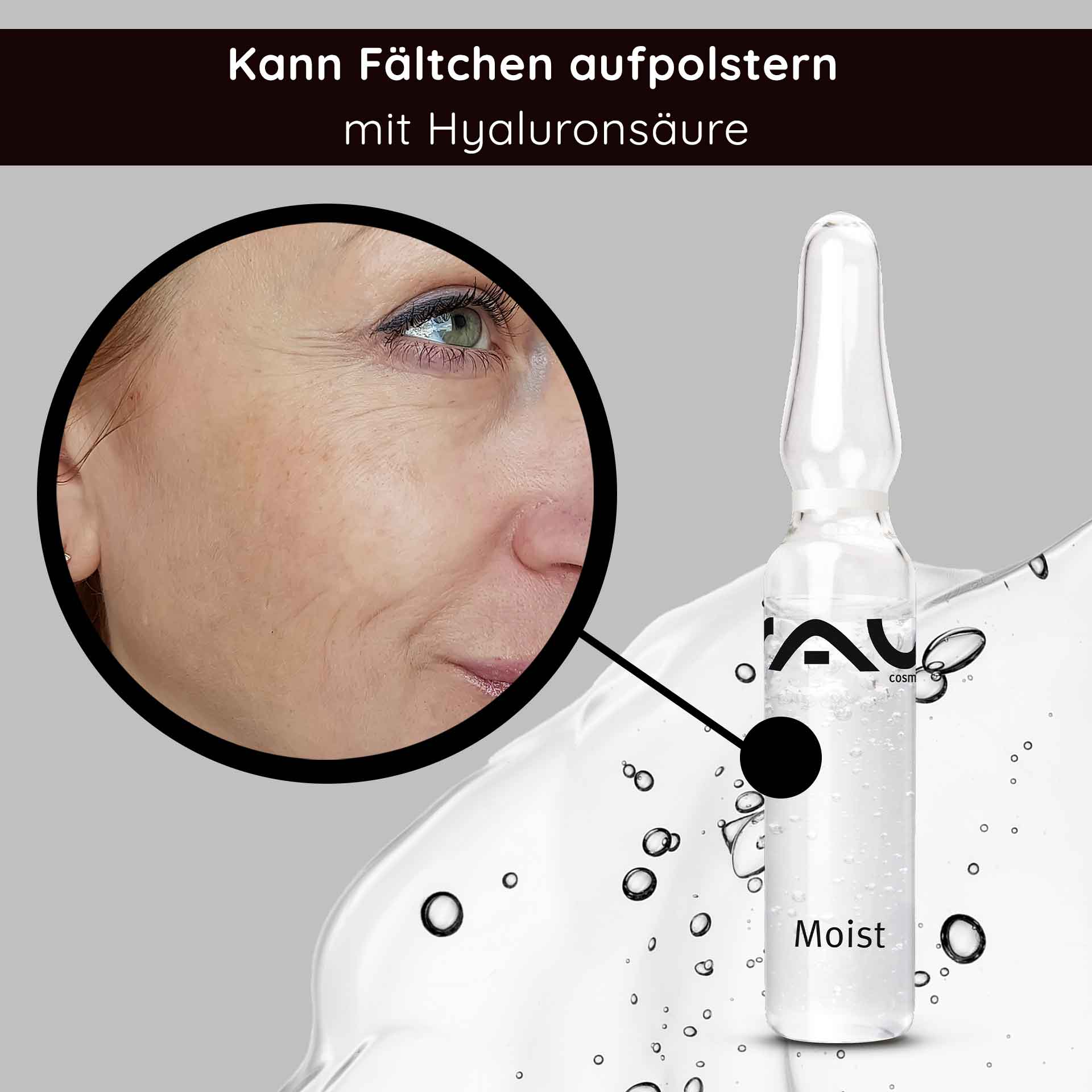 Ampollas húmedas 7x2 ml incl. aplicador Hyaluron Booster Hyaluronsäure-Ampulle von RAU Cosmetics mit Nahaufnahme der Haut mit feinen Linien, die die feuchtigkeitsspendende Wirkung für reife Haut hervorhebt.