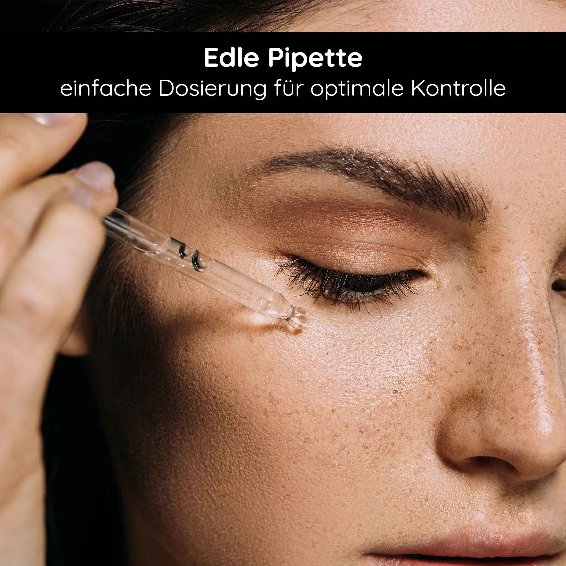 Noble pipette with self-tanner drops for easy dosing and optimal control on the face of a woman with flawless skin.