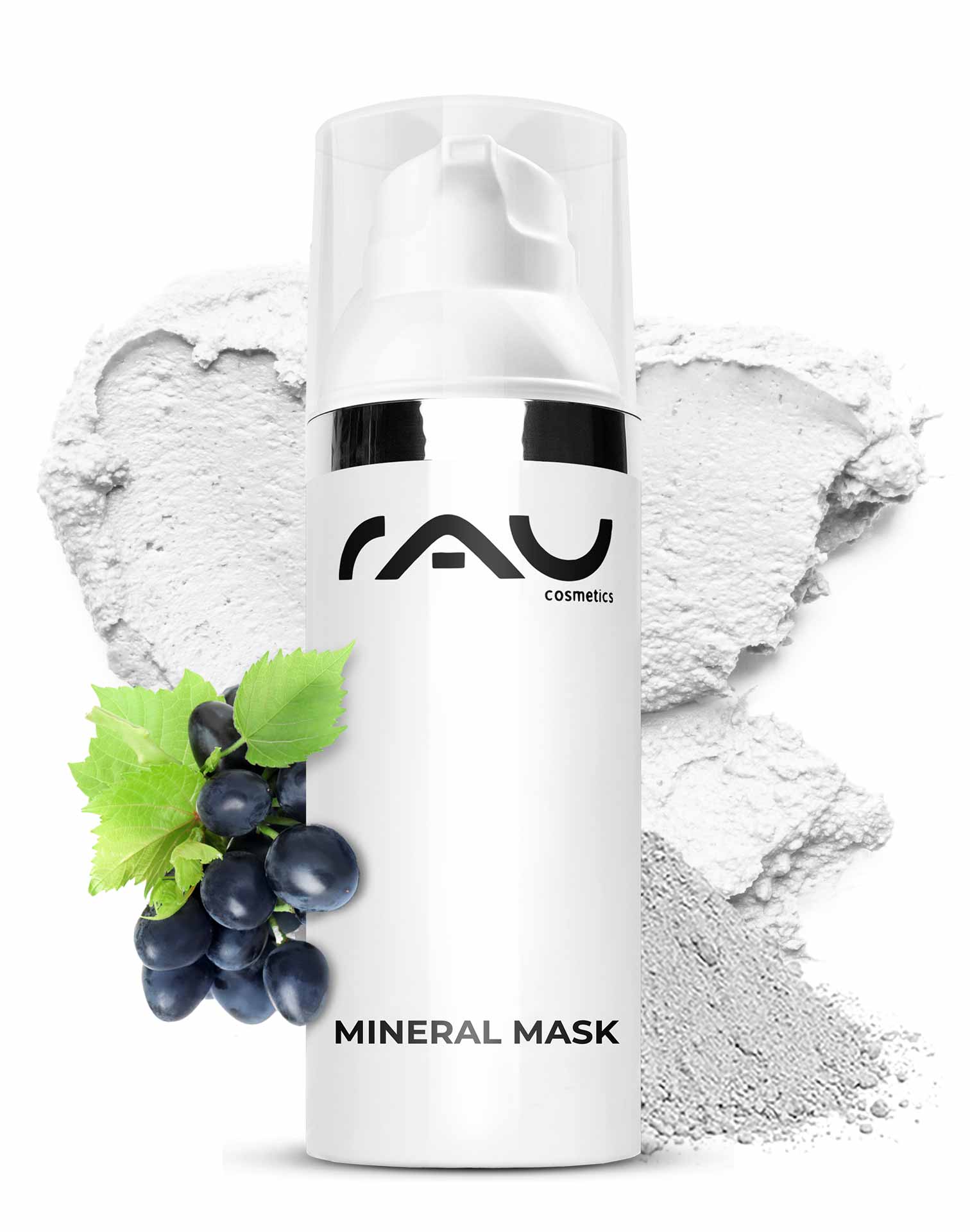 Mineral Mask 50 ml Mattifying face mask Mineral Mask von RAU Cosmetics in einer eleganten Verpackung mit Pflanzenmotiven, umgeben von Rügener Heilkreide, ideal für unreine und empfindliche Haut, unterstützt die Hautregeneration und mattiert.