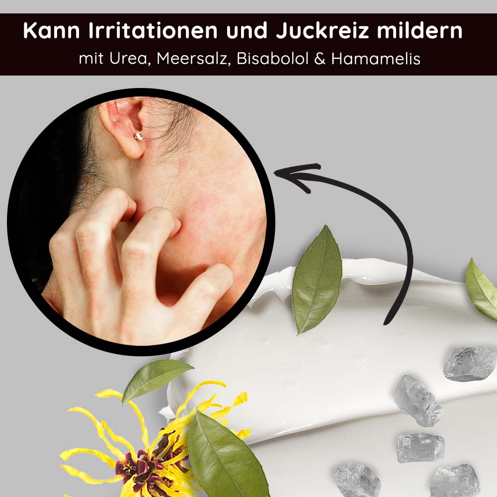 Crema calmante con sal marina 50 ml Crema facial con sal marina Mensch mit gereizter Haut, die Juckreiz verspürt, umgeben von Meersalz, Bisabolol und Hamamelis, visualisiert die beruhigenden Eigenschaften der Sea Salt Calming Cream von RAU Cosmetics.