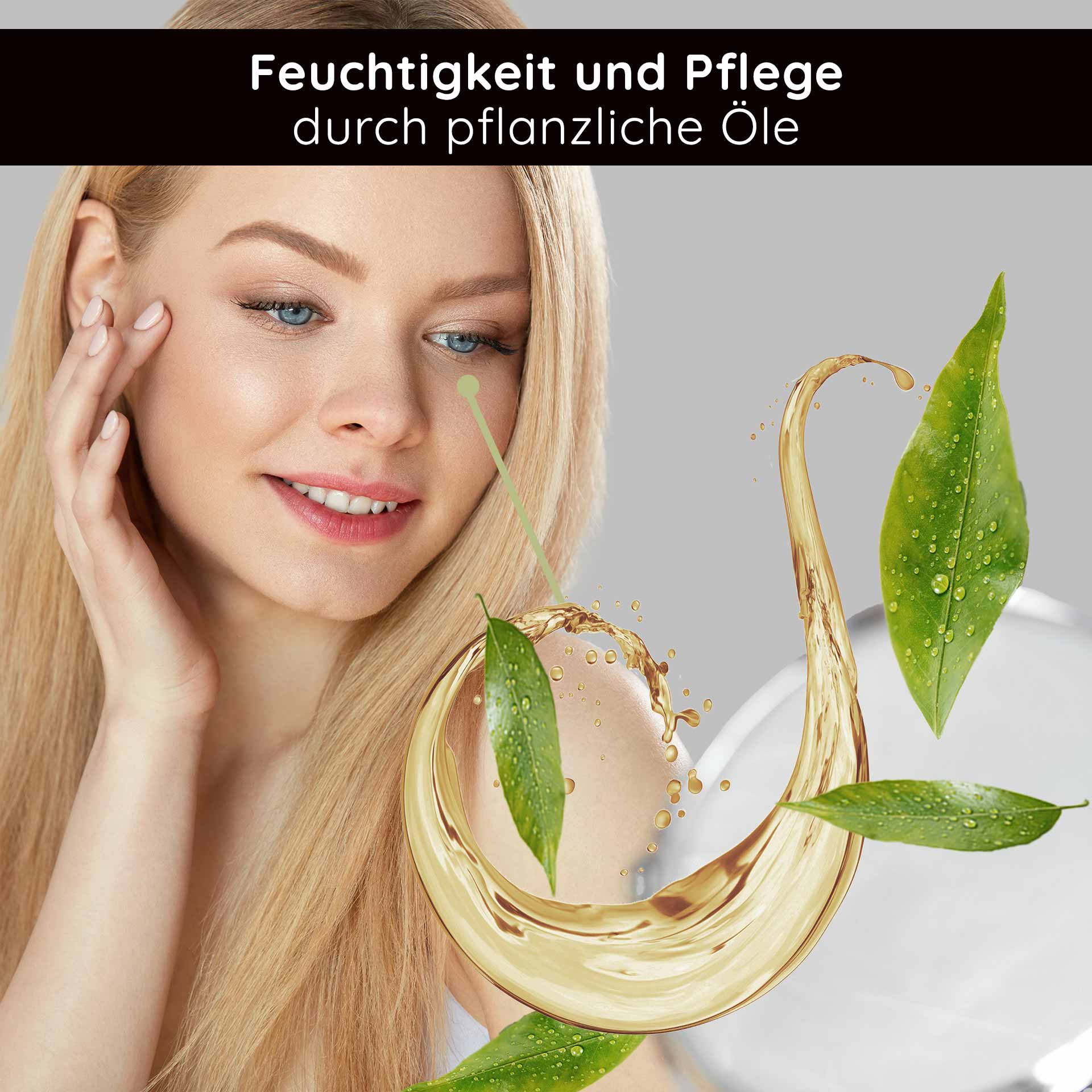 Hyaluron Moisturizing Eye Fluid 15 ml Moisturizing Gel Frau mit blonden Haaren, die sanft ihre Haut berührt, umgeben von pflanzlichen Ölen und Blättern, symbolisiert Feuchtigkeit und Pflege für die Augenpartie, passend zur RAU Cosmetics Hyaluron Moisturizing Eye Fluid Produktbeschreibung.
