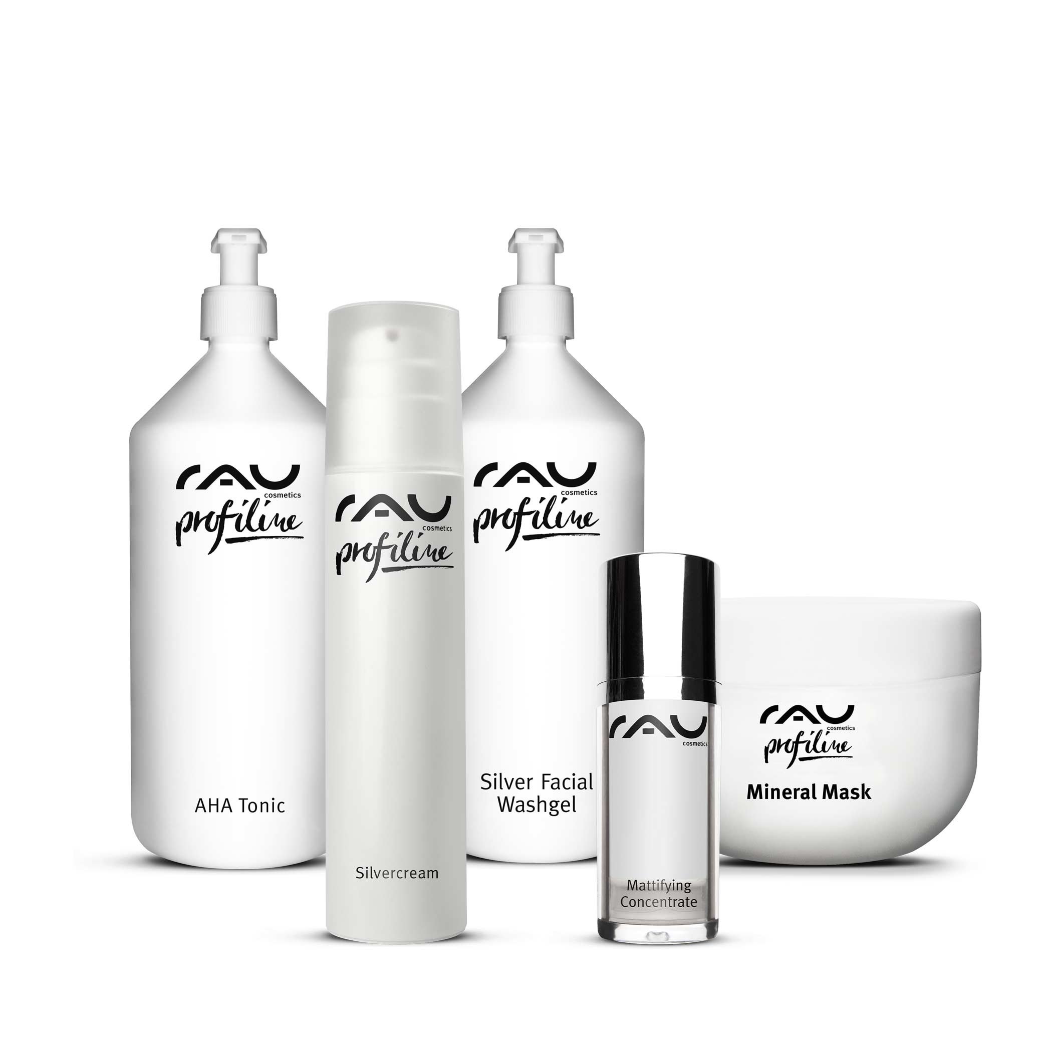 Unreine Haut Starter-Set Fachhandel von RAU Cosmetics, bestehend aus AHA Tonic, Silver Facial Washgel, Silvercream, Mattifying Concentrate und Mineral Mask, zur Behandlung von leichten Akne, Pickeln und Mitessern.