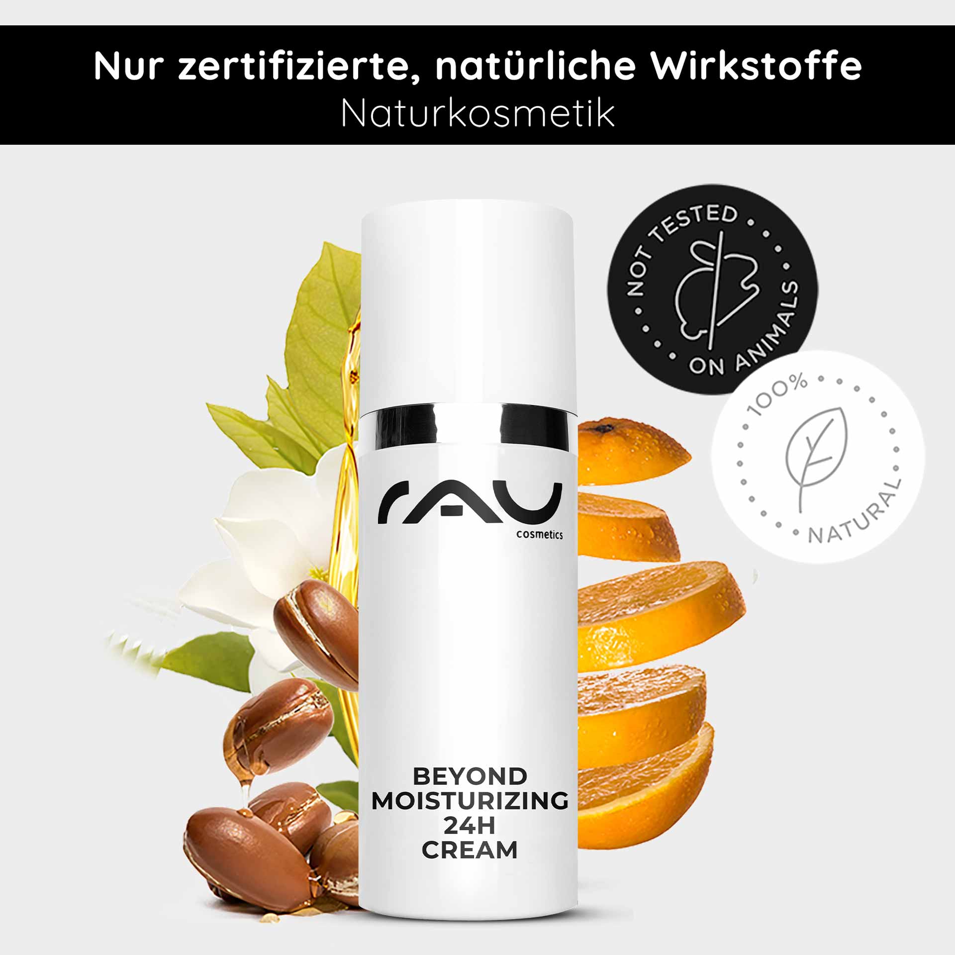 Beyond Crema Hidratante 24h 50 ml Cosmética Natural Crema Flasche der Beyond Moisturizing 24H Cream von RAU Cosmetics mit natürlichen Inhaltsstoffen wie Arganöl und Zitrusscheiben, mit den Aufschriften „100 % NATÜRLICH“ und „NICHT AN TIEREN GETESTET“, die die Vorteile für die Hautpflege hervorheben.