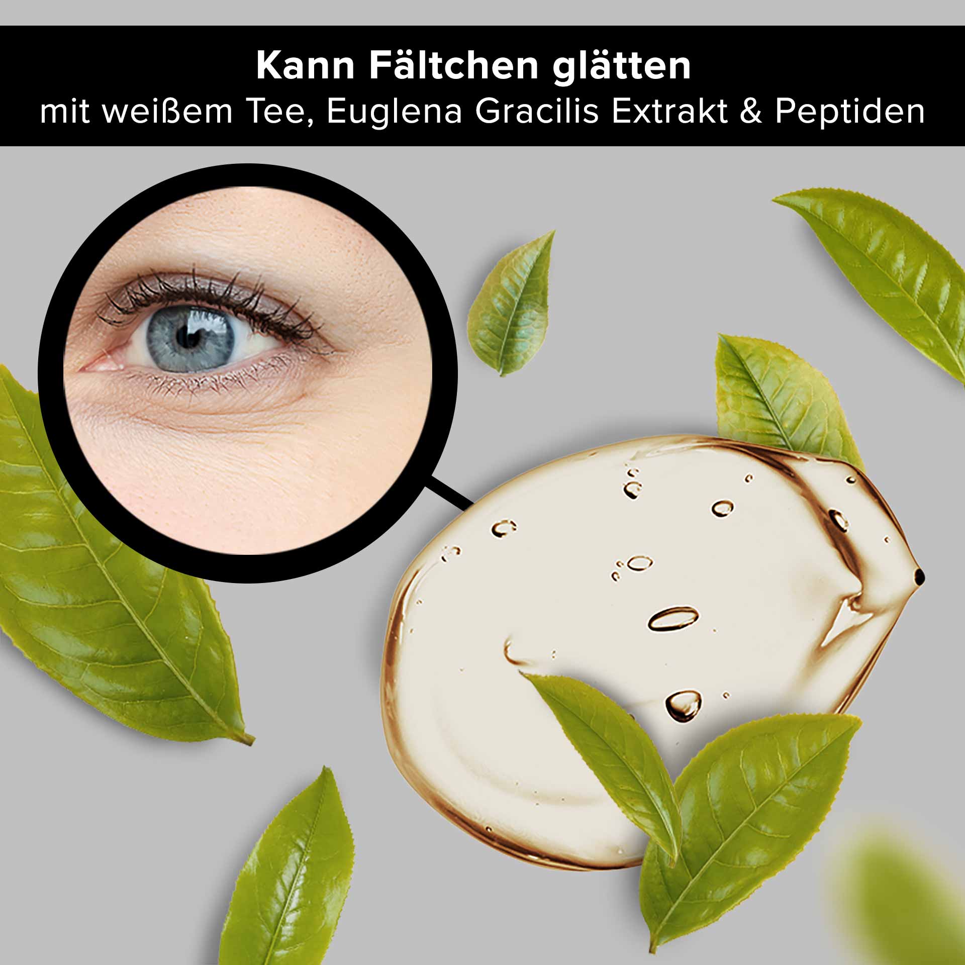 White Tea Eye Cooling Gel 15 ml Anti-Aging Eye Care Augenbereich mit feinen Linien, umgeben von grünen Teeblättern und einer Geltextur, betont die Anti-Aging Wirkung des RAU Cosmetics White Tea Eye Cooling Gel mit weißem Tee, Euglena Gracilis Extrakt und Peptiden.