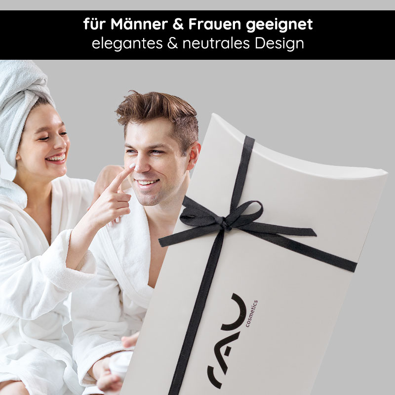 Caja de regalo "Pillow" con lazo negro Geschenkverpackung "Kissen" von RAU Cosmetics mit schwarzer Schleife, geeignet für Männer und Frauen, elegantes und neutrales Design, verwendet in einem geselligen Umfeld.