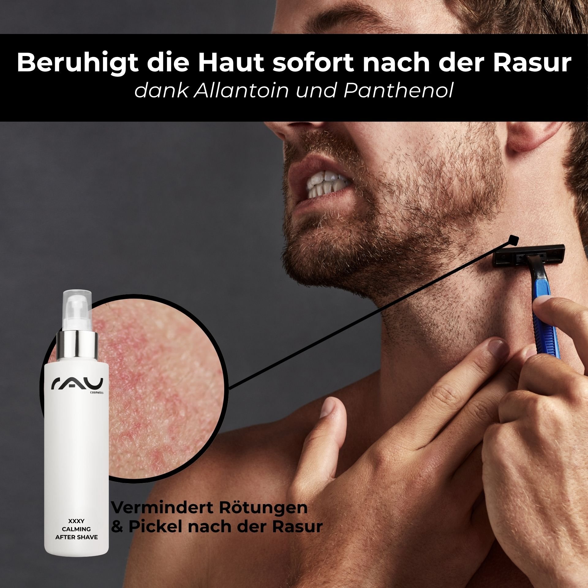 Man enjoying the nourishing effect of the XXXY aftershave.