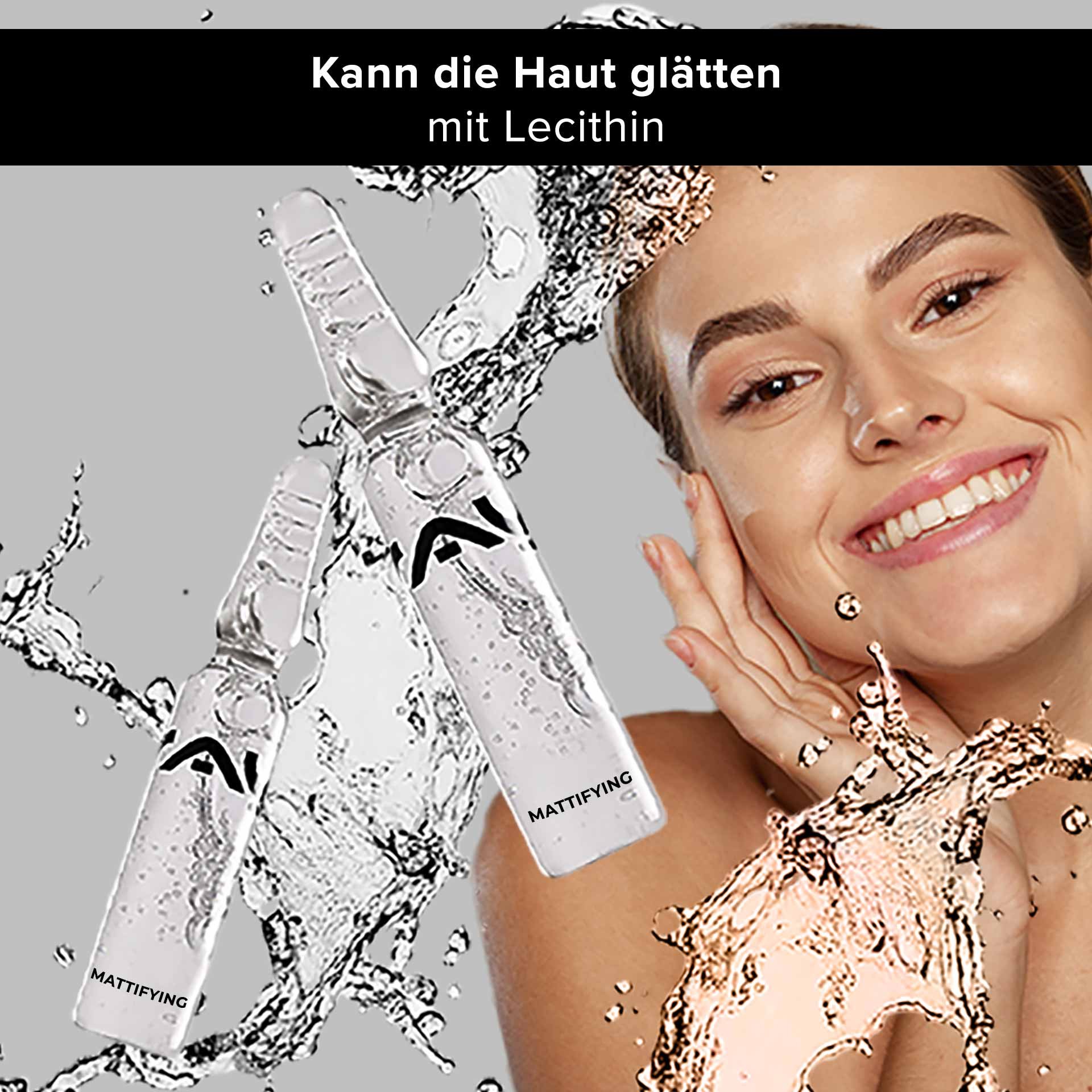 Mattifying ampoules with RAU Cosmetics branding. They show a smiling woman applying serum to her face, surrounded by water splashes, and emphasize the skin-smoothing effect of lecithin.