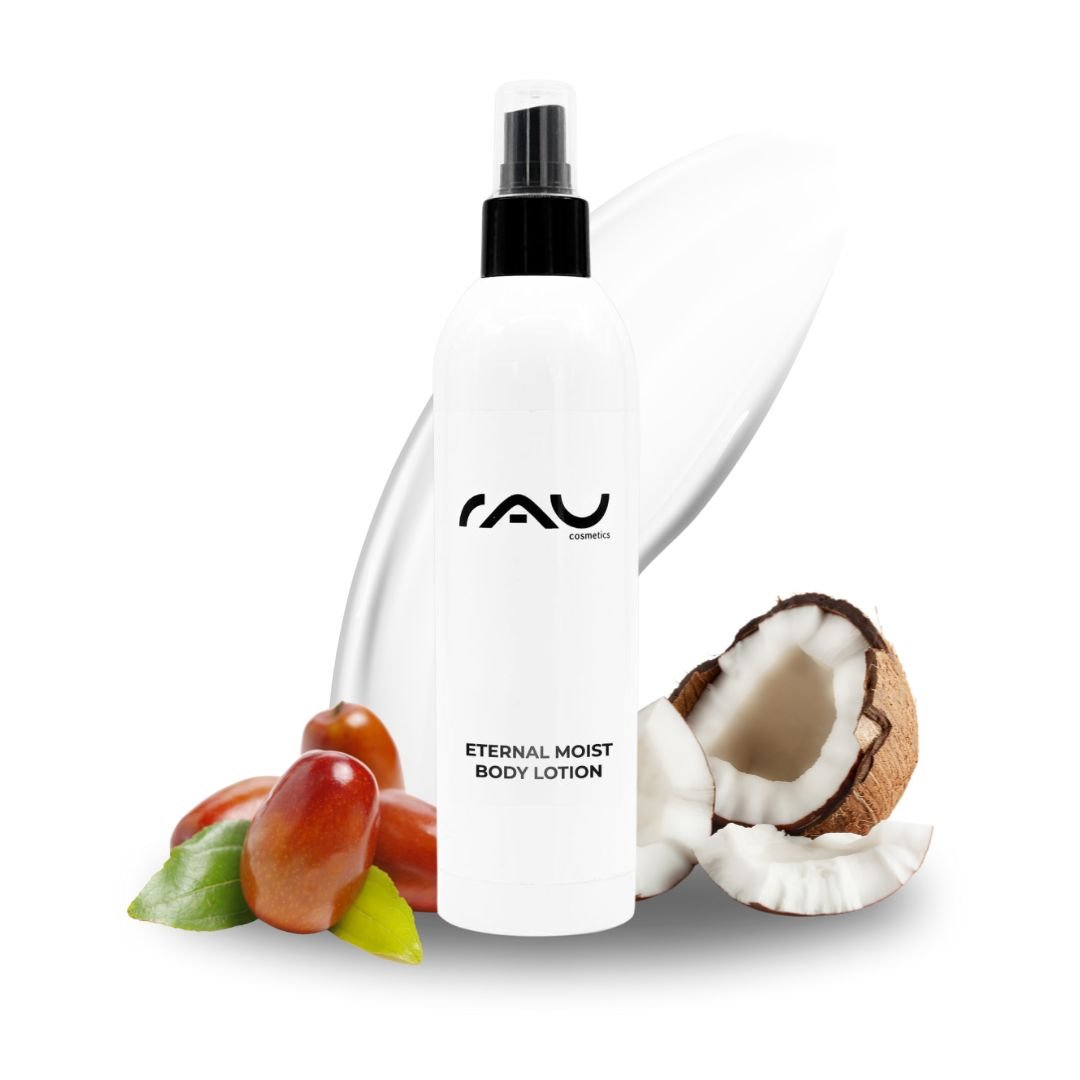 RAU Eternal Moist Body Lotion, 250ml bottle with coconut and nourishing ingredients, focusing on intensive hydration of dry skin and a silky texture.