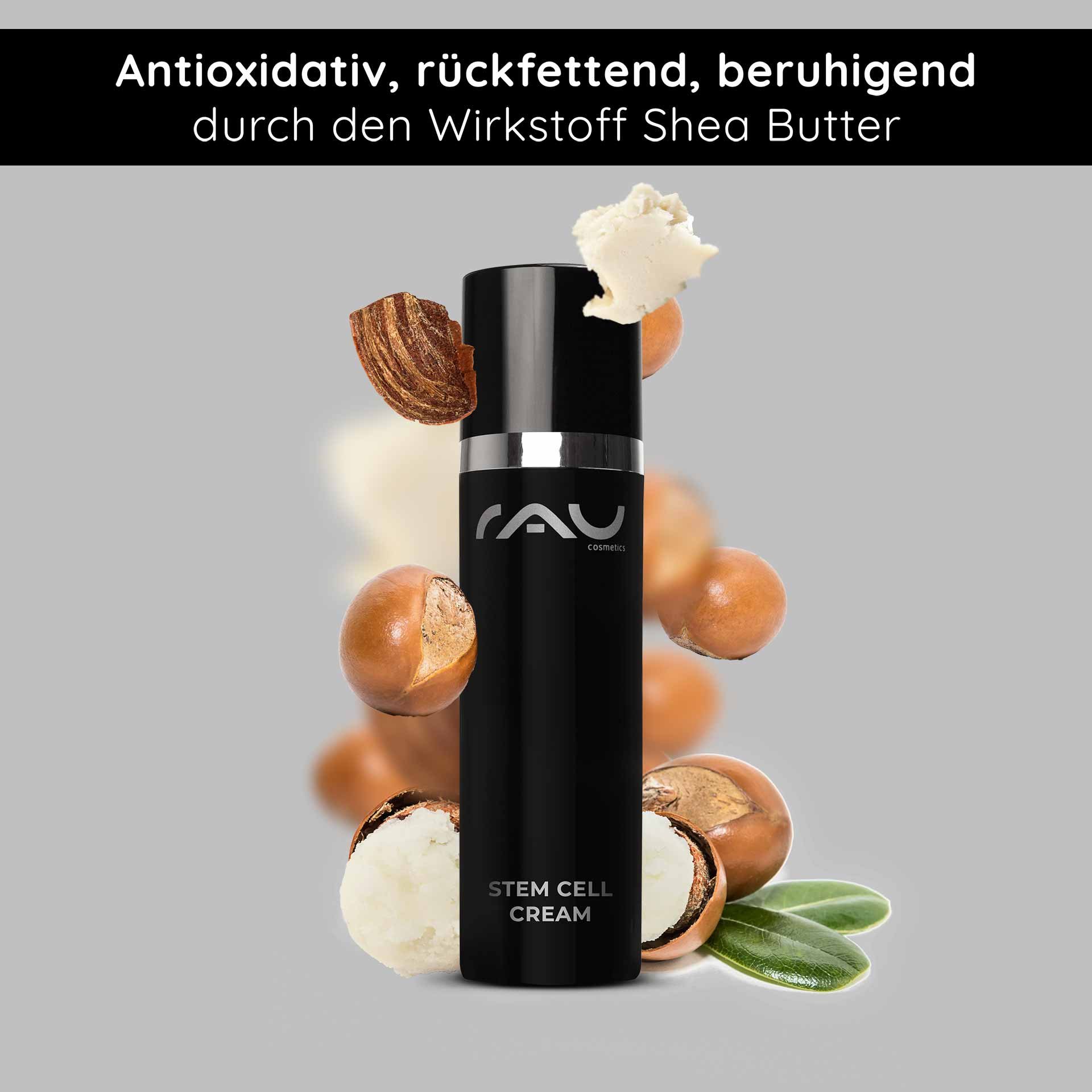 Flasche der Stammzellencreme von RAU Cosmetics mit Sheabutter-Inhaltsstoffen, die antioxidative und feuchtigkeitsspendende Eigenschaften für die Anti-Aging-Hautpflege hervorhebt.