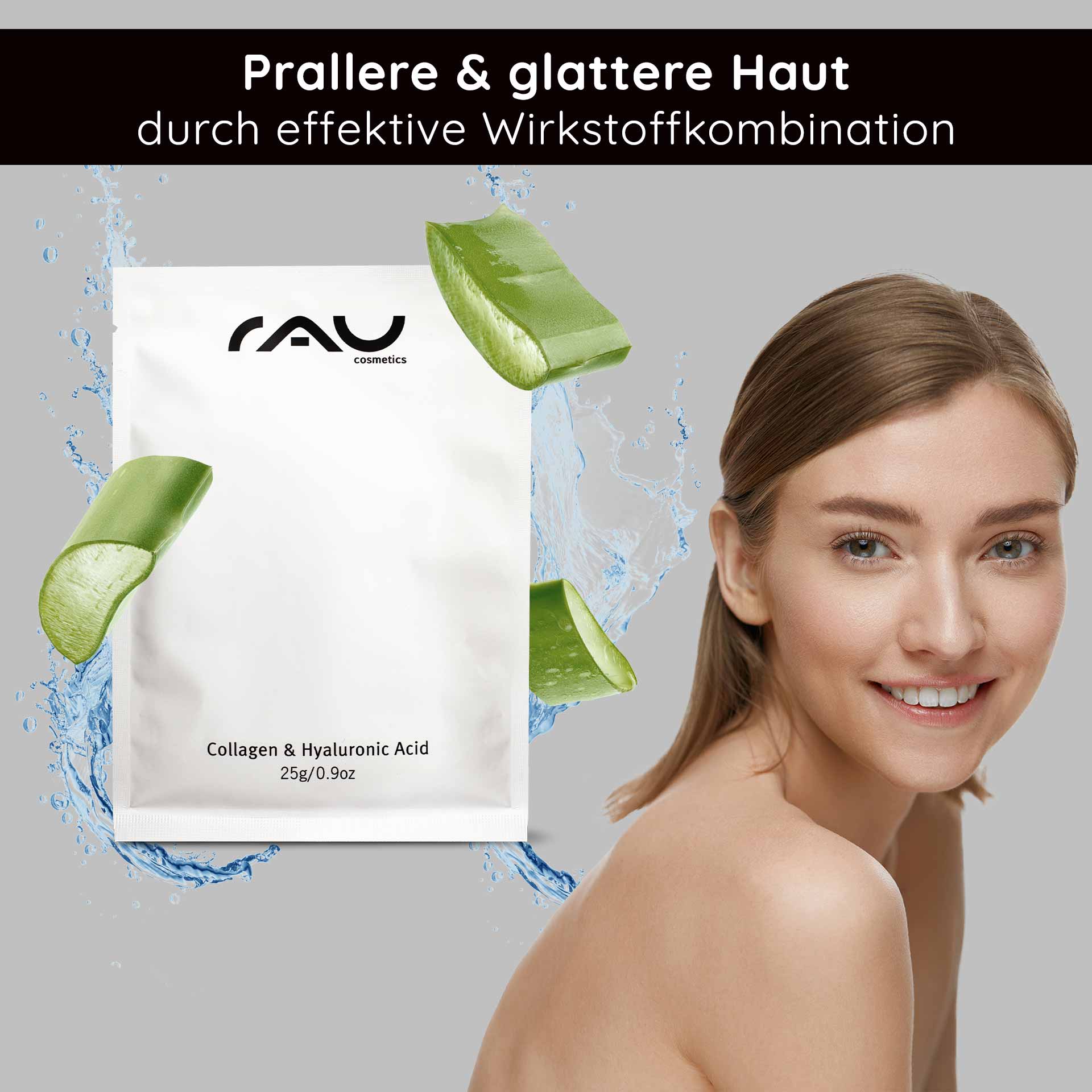 Collagen & Hyaluronic Acid Mask Fleece Mask - Pack of 10 Verpackung einer Gesichtsmaske aus Kollagen und Hyaluronsäure mit Aloe-Vera-Elementen und einer lächelnden Frau, die gesunde Haut präsentiert und die Feuchtigkeitsversorgung und Anti-Aging-Vorteile betont.