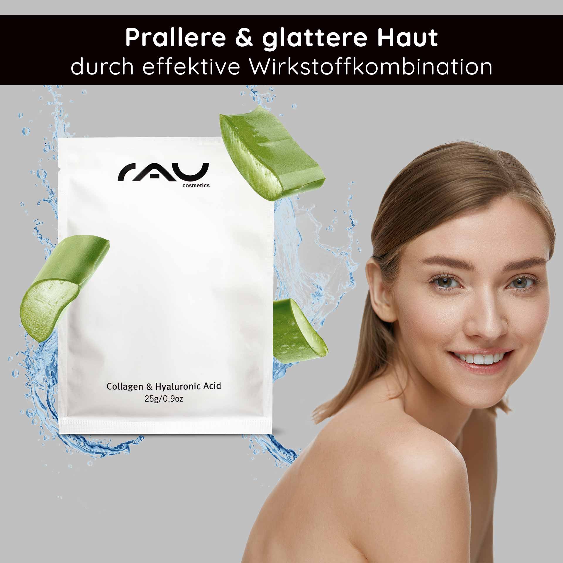Verpackung einer Gesichtsmaske aus Kollagen und Hyaluronsäure mit Aloe-Vera-Elementen und einer lächelnden Frau, die gesunde Haut präsentiert und die Feuchtigkeitsversorgung und Anti-Aging-Vorteile betont.