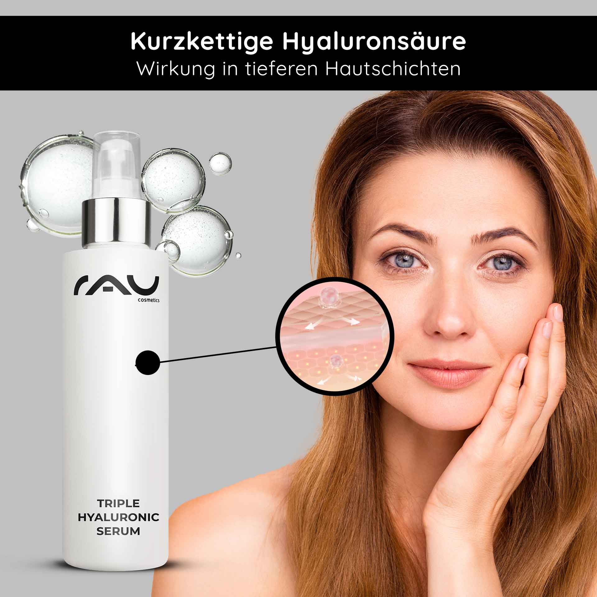 Triple Hyaluronic Serum 100 ml with Panthenol & Hyaluron Flasche „Triple Hyaluronic Serum“ von RAU Cosmetics mit Hyaluronsäuretröpfchen, die die Feuchtigkeitsspeicherung und Anti-Aging-Wirkung hervorheben, mit einer Frau, die Serum auf ihr Gesicht aufträgt.