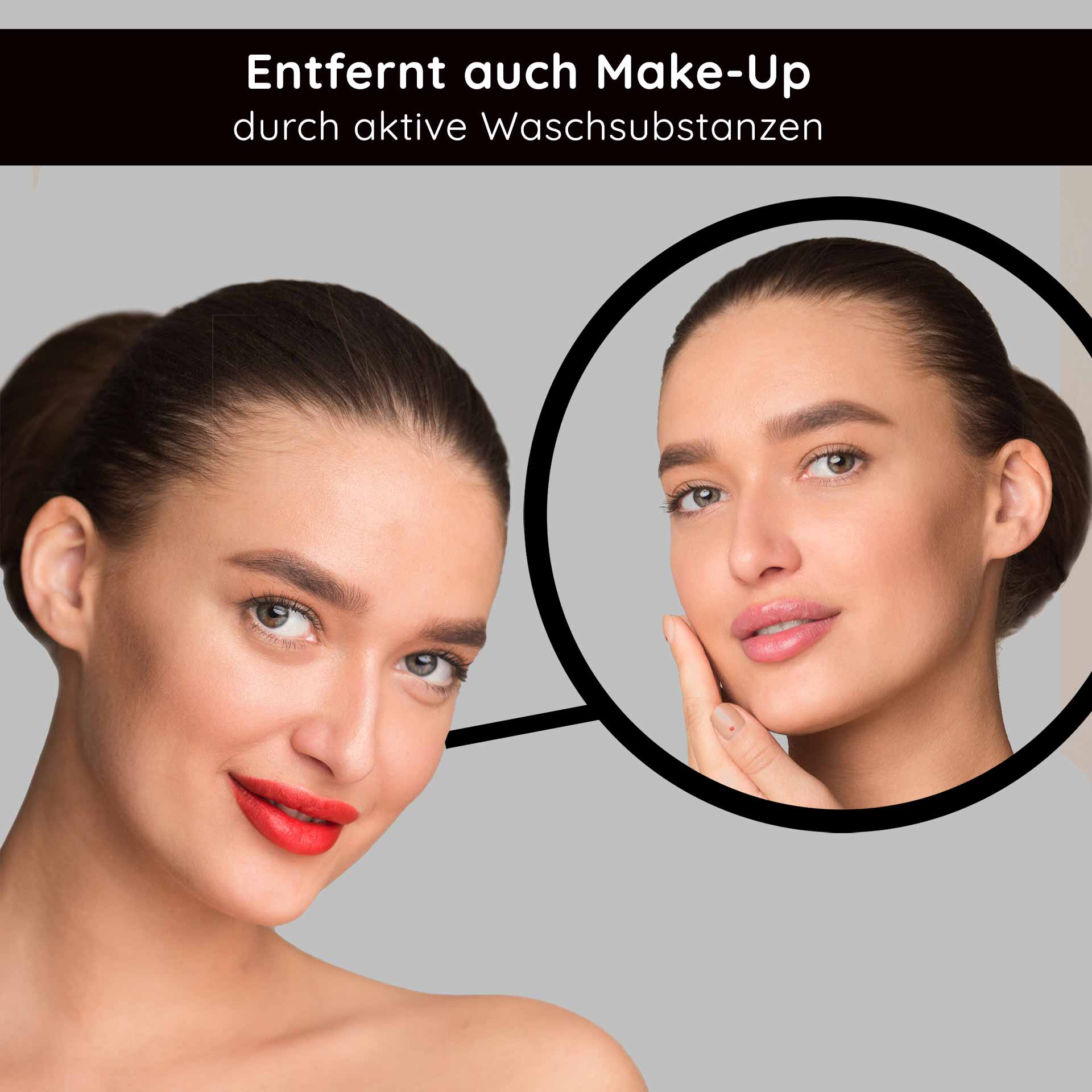 Loción limpiadora 1000 ml loción limpiadora completa Frau mit rotem Lippenstift und makelloser Haut, zeigt die Wirkung der RAU Cosmetics Reinigungslotion, die Make-up entfernt und Hautpflege bietet.