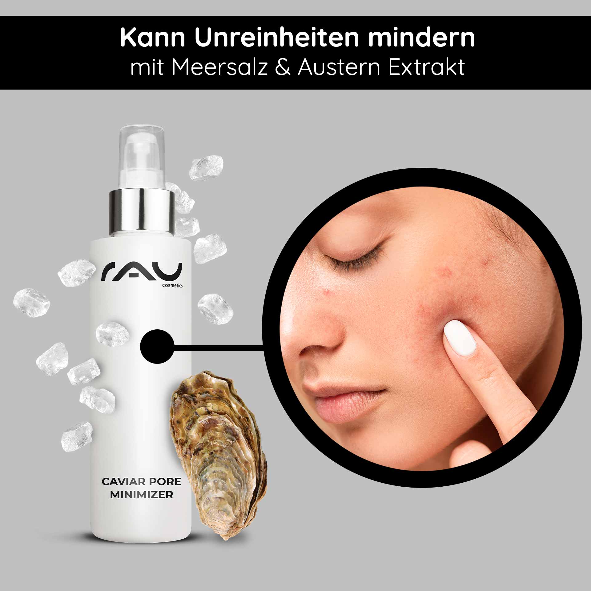 Caviar Serum Minimizador de Poros 100 ml con Extracto de Plancton Caviar Pore Minimizer Serum von RAU Cosmetics mit Meersalz und Austernextrakt, das Hautunreinheiten hervorhebt und die Poren verkleinert.