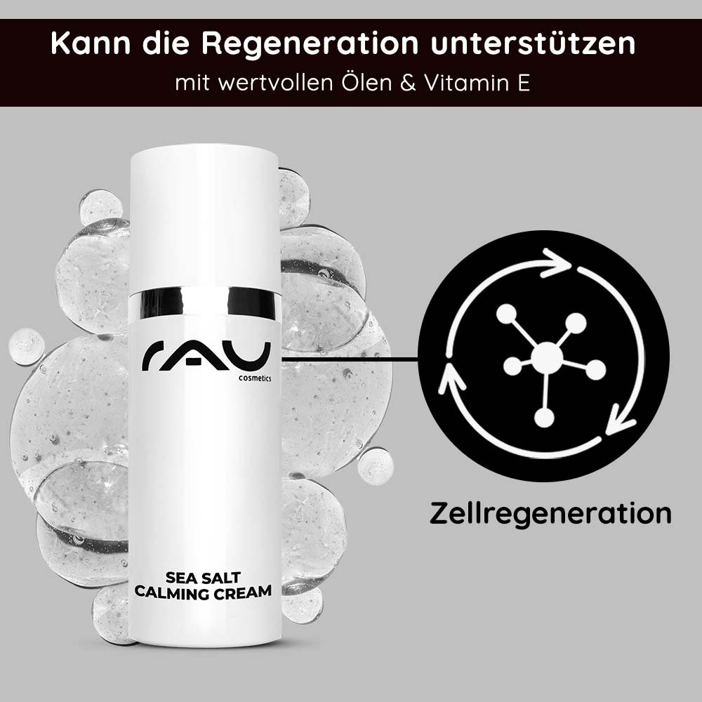 Flasche der Sea Salt Calming Cream von RAU Cosmetics mit feuchtigkeitsspendenden Inhaltsstoffen, mit einer Grafik, die die Zellregeneration vor einem Hintergrund aus Blasen veranschaulicht.