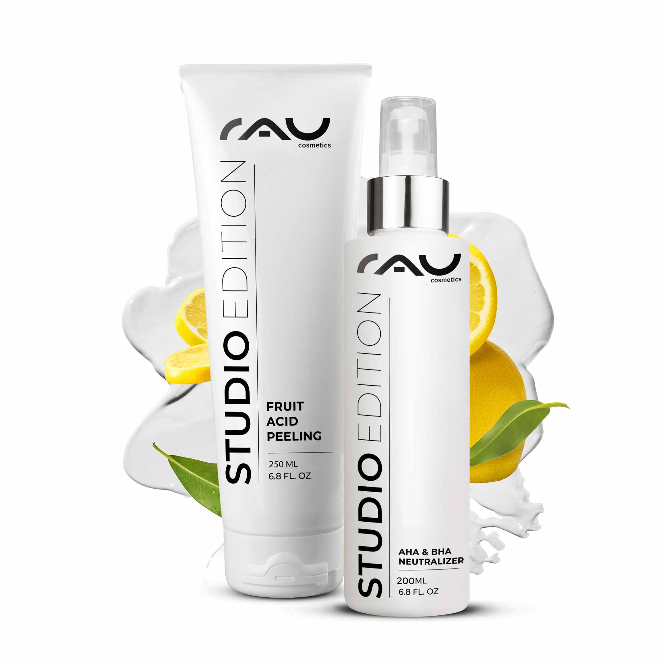 Peeling Ácido Frutal 250 ml Peeling Ácido Frutal con BHA Fruchtsäurepeeling Set von RAU Cosmetics, 250 ml und 200 ml AHA & BHA Neutralisierer, mit Zitrusfrüchten und grünen Blättern, Studio Edition.