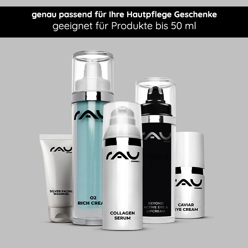 Caja de regalo "Pillow" con lazo negro Geschenkverpackung "Kissen" mit schwarzer Schleife für Hautpflegeprodukte, geeignet für Geschenke bis 50 ml, von RAU Cosmetics.