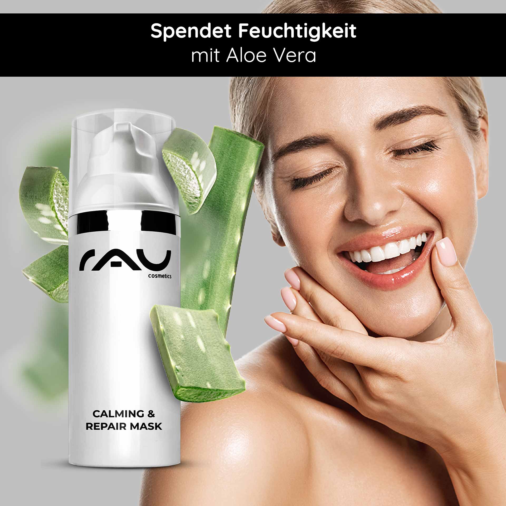 Calming & Repair Mask 50 ml Soothing mask with urea RAU Cosmetics Calming & Repair Mask mit Aloe Vera, lächelnde Frau, die das Produkt aufträgt, betont die feuchtigkeitsspendende und hautberuhigende Wirkung.