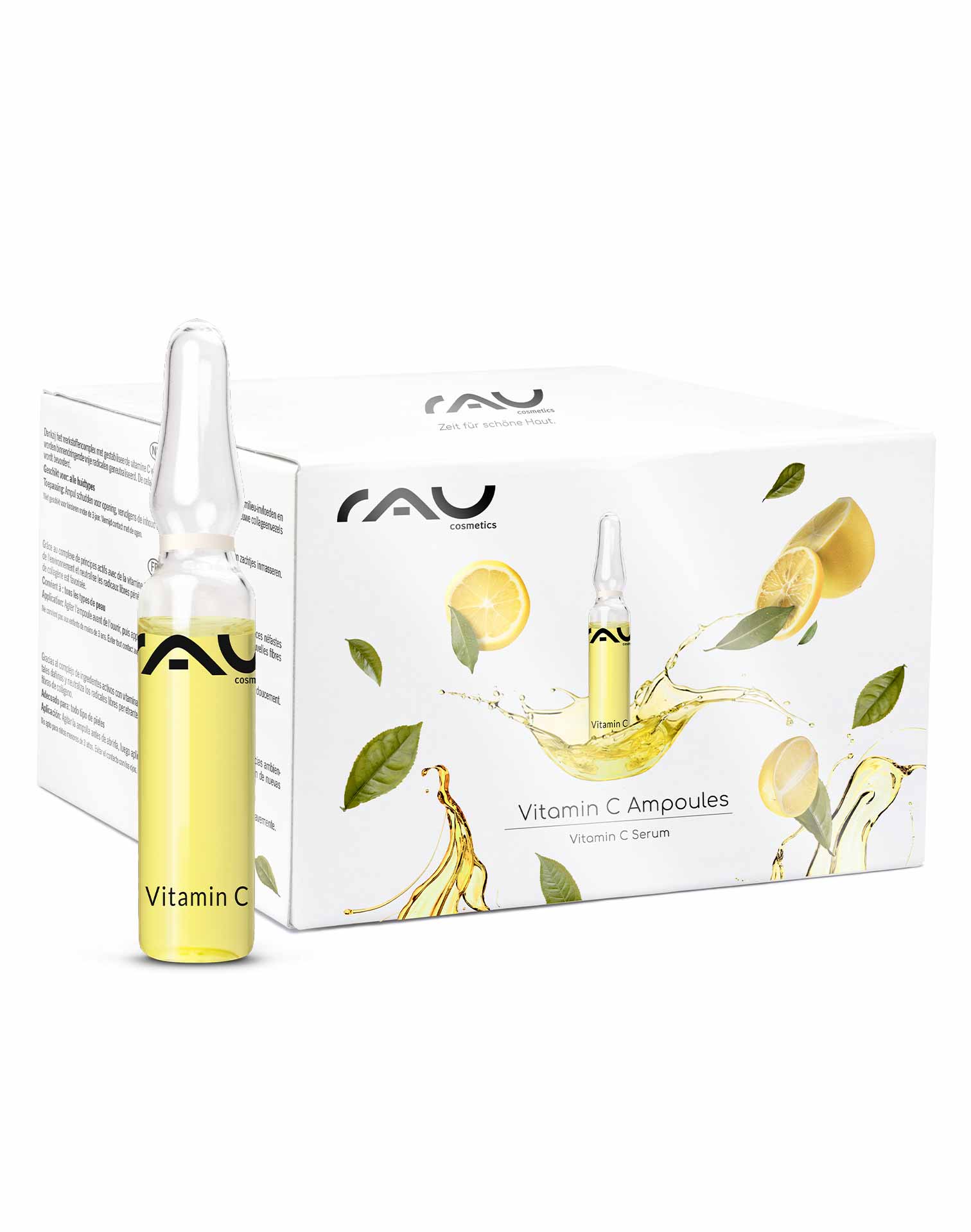 Ampollas de Vitamina C 14x2 ml para pieles maduras y con imperfecciones RAU Cosmetics Vitamin C Ampullen Set, 14 x 2 ml, mit gelbem Serumfläschchen und Verpackung mit Zitronen- und Blattgrafiken, fördert den Hautschutz und die Regeneration.