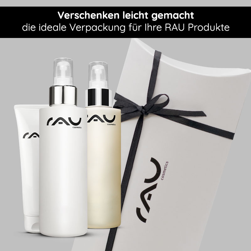 Caja de regalo "Pillow" con lazo negro Geschenkverpackung "Kissen" mit schwarzer Schleife und RAU Cosmetics Produkten, ideal für besondere Anlässe und Geschenke.
