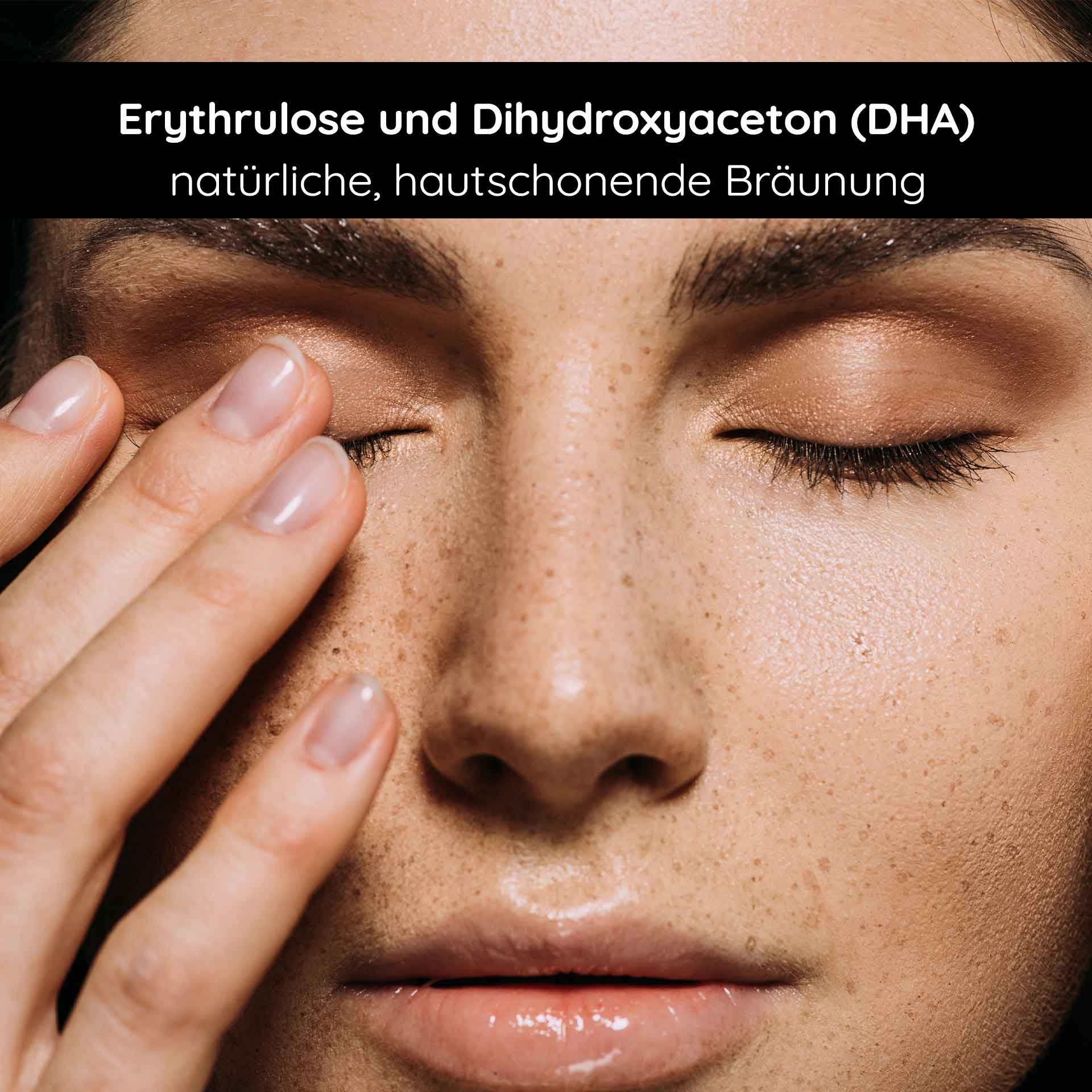 Woman with closed eyes and hand on face, showing the application of RAU Cosmetics self-tanner with erythrulose and dihydroxyacetone (DHA) for a natural, skin-friendly tan.