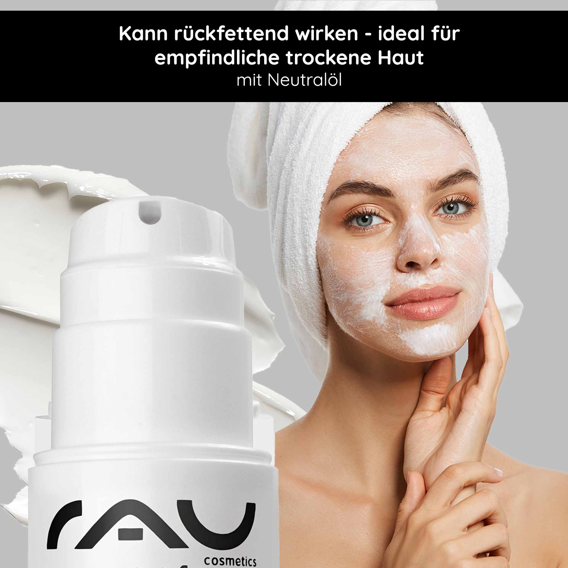 Beta Glucan Recovery Mask 200 ml Mascarilla para pieles irritadas RAU Cosmetics Beta Glucan Recovery Mask mit Modell, das eine beruhigende Maske für empfindliche, gereizte Haut aufträgt, mit Schwerpunkt auf Feuchtigkeitsversorgung und Unterstützung der Hautbarriere.