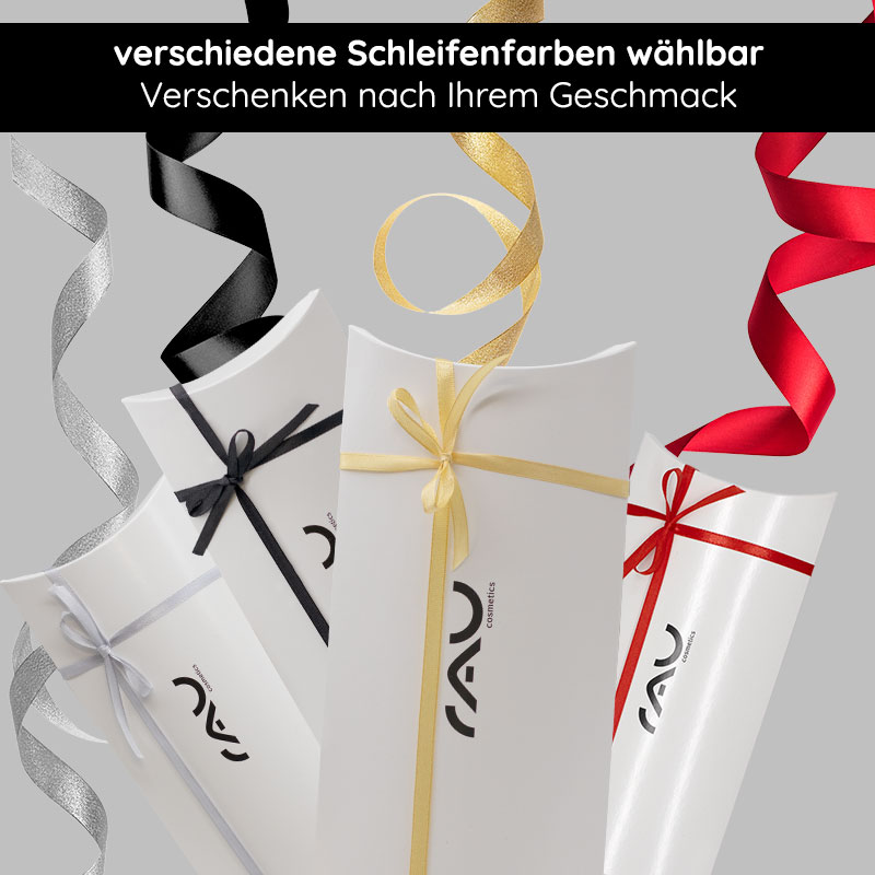 Caja de regalo "Pillow" con lazo negro Geschenkverpackung "Kissen" von RAU Cosmetics in verschiedenen Farben mit Schleifen, ideal für besondere Anlässe wie Weihnachten oder Geburtstage.