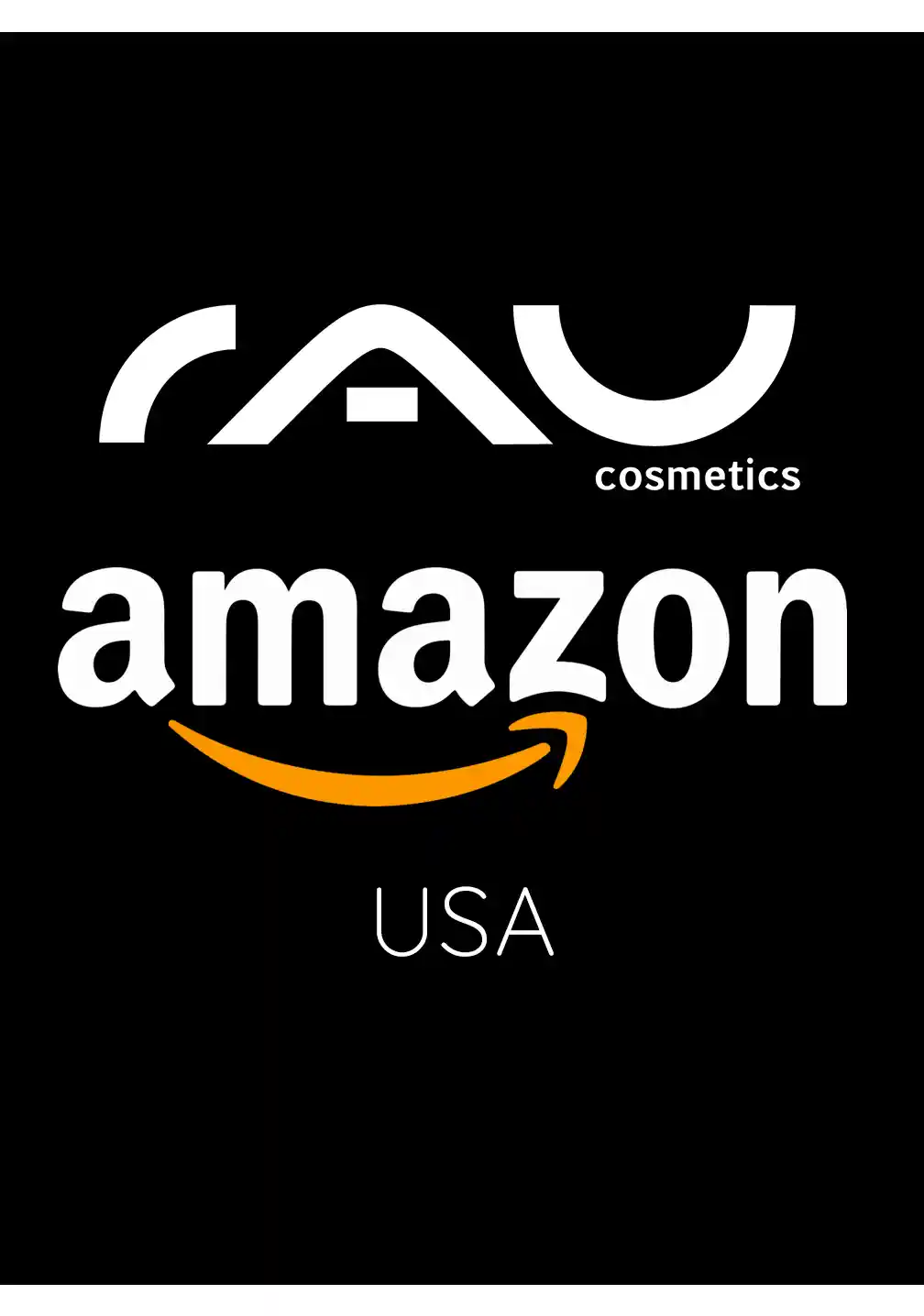 RAU_Cosmetics-Amazon-USA RAU Cosmetics-Logo mit Amazon-Branding, das die Produktverfügbarkeit auf Amazon USA anzeigt.