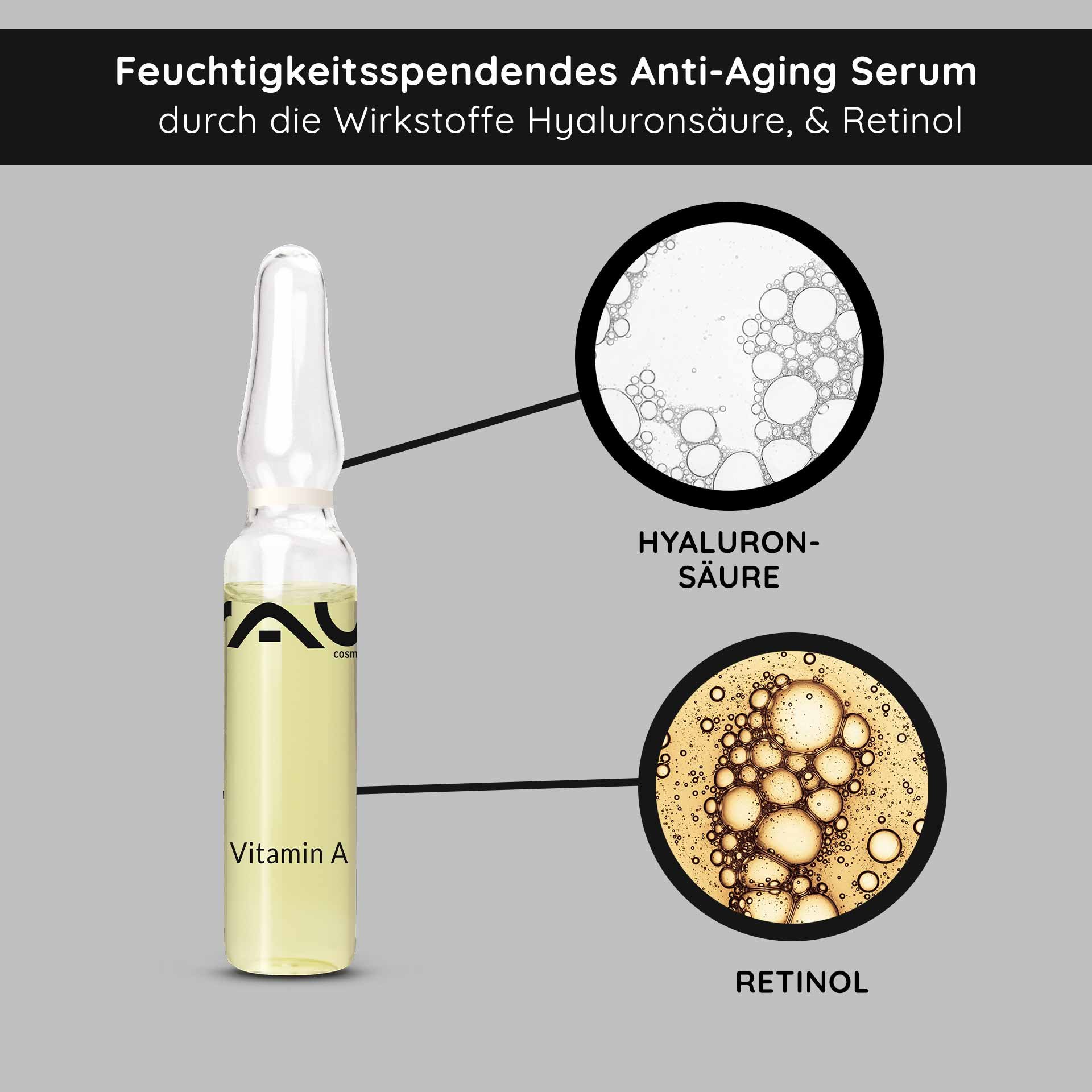 RAU Cosmetics Vitamin A-Ampulle mit Anti-Aging-Serumformulierung mit Hyaluronsäure und Retinol, mit hervorgehobenen feuchtigkeitsspendenden Eigenschaften.