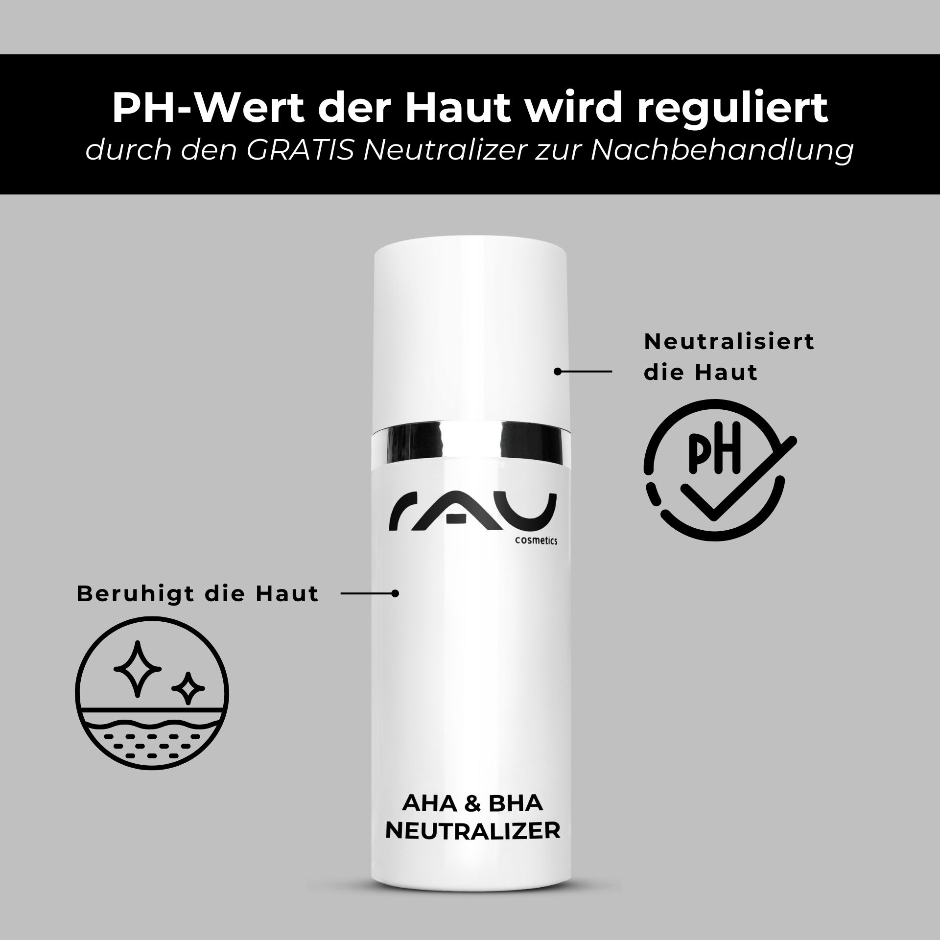 Neutralizante AHA 200 ml para neutralizar la piel Flasche mit AHA- und BHA-Neutralisator von RAU Cosmetics, die die pH-Regulierung und hautberuhigende Wirkung nach chemischen Peelings fördert und mit klarem Branding und Symbolen zur Veranschaulichung der Funktionen ausgestattet ist.